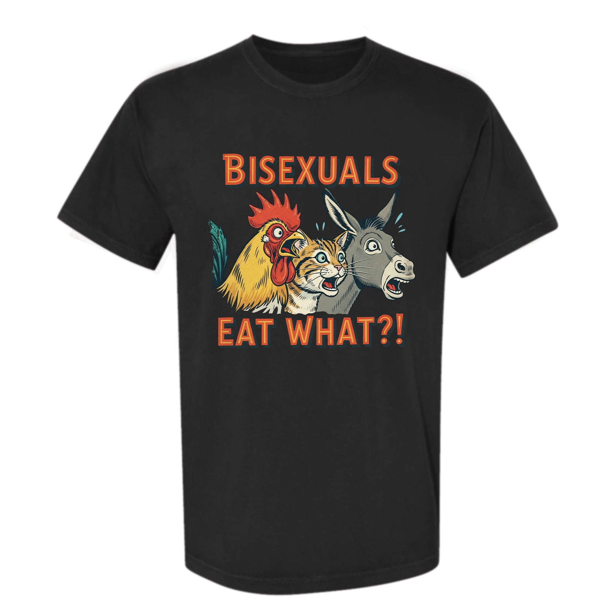 Black funny graphic t-shirt with animal graphics and text 'Bisexuals Eat What'