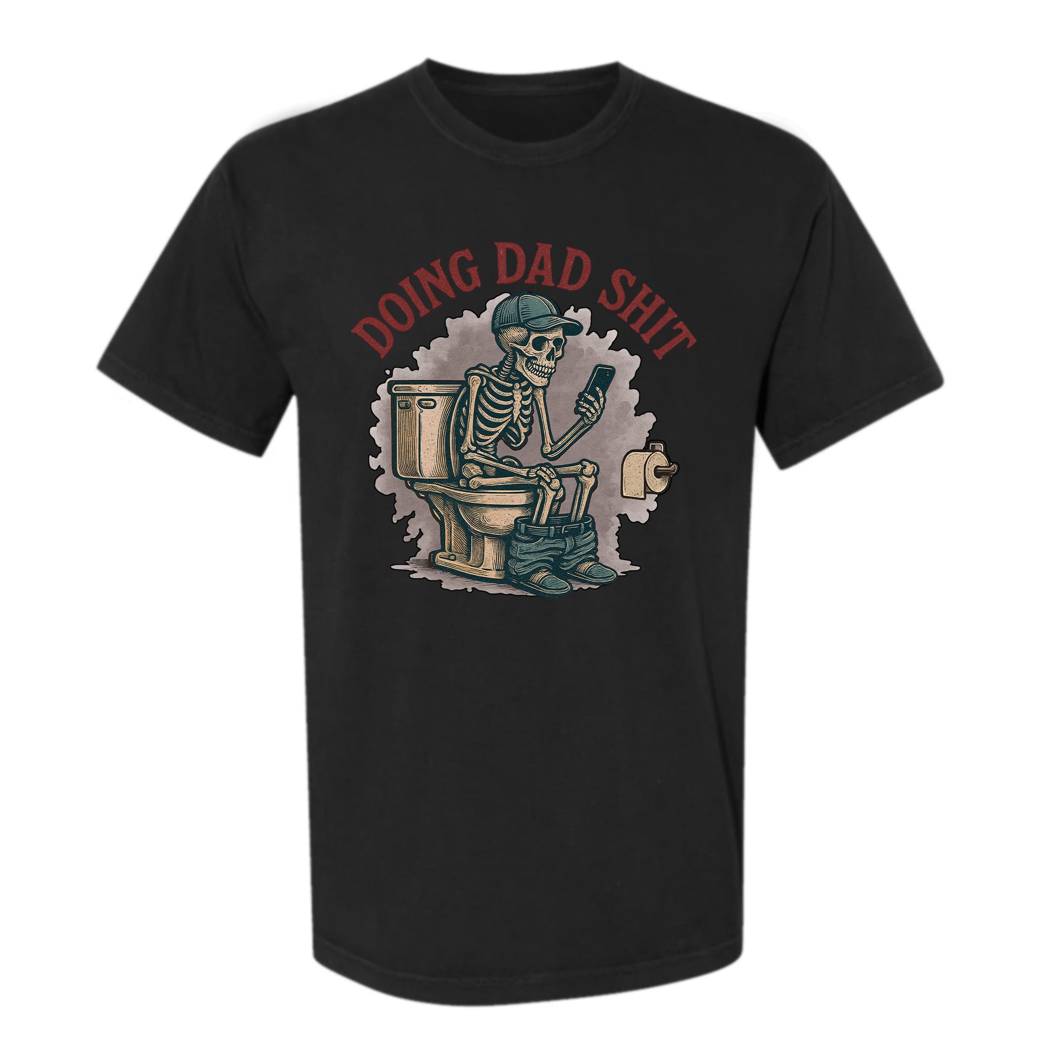 Black funny graphic t-shirt with a skeleton graphic and text 'DOING DAD SHIT'
