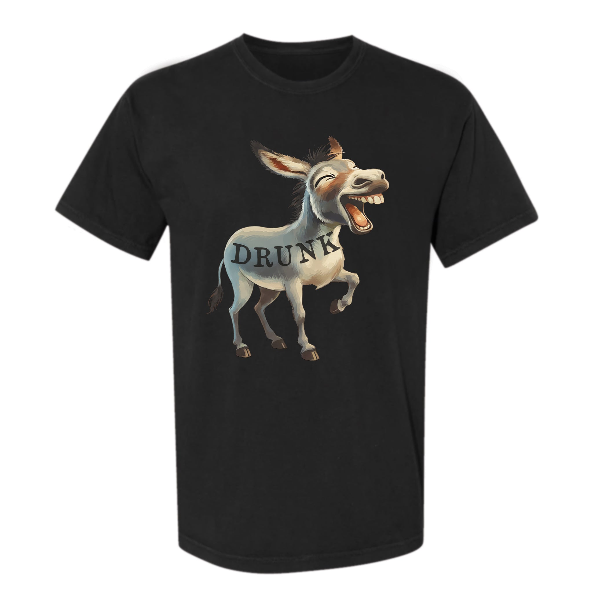 Black funny graphic t-shirt with a cartoon donkey labeled 'DRUNK'