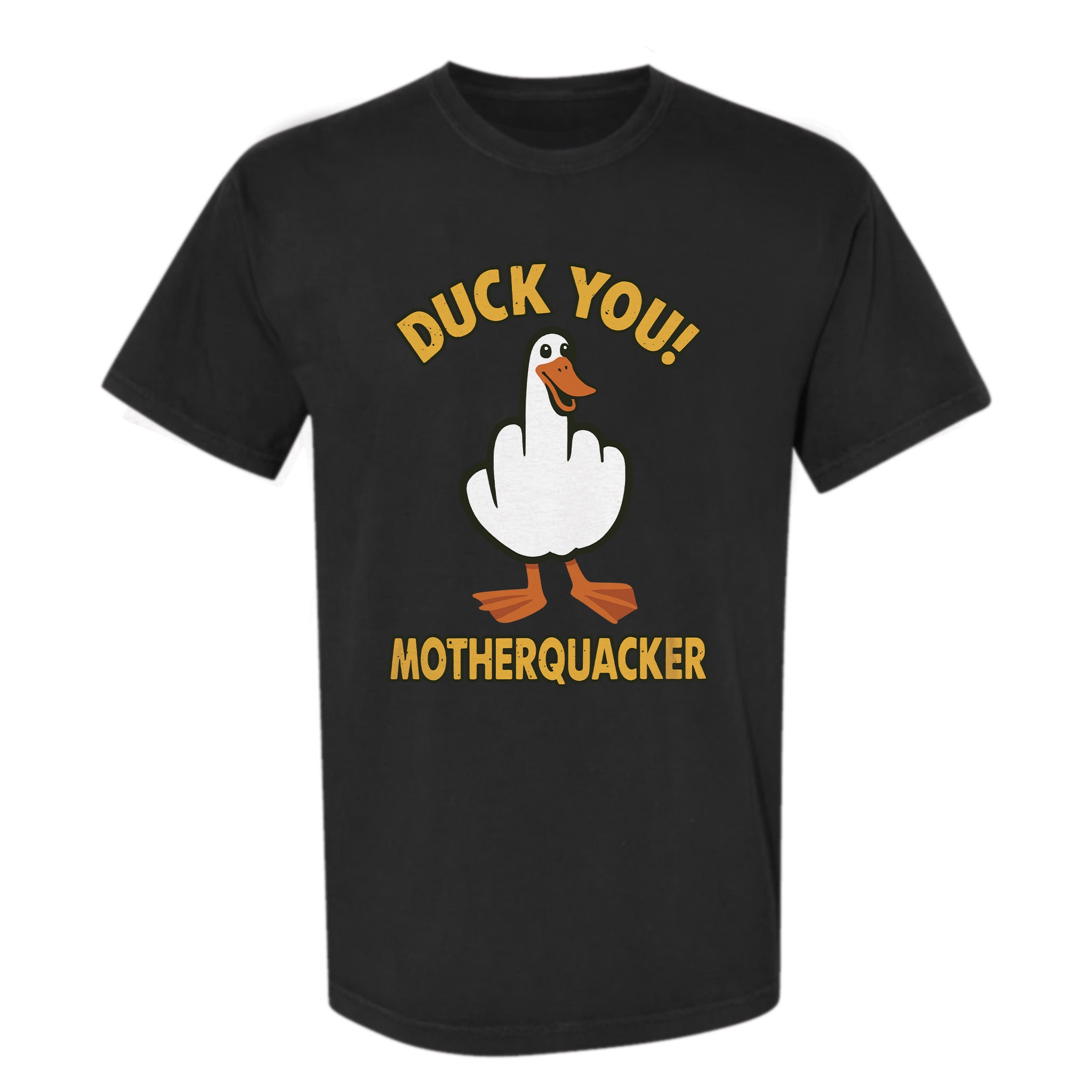 Black funny graphic t-shirt with a graphic of a duck and text "Duck You Mothequacker"