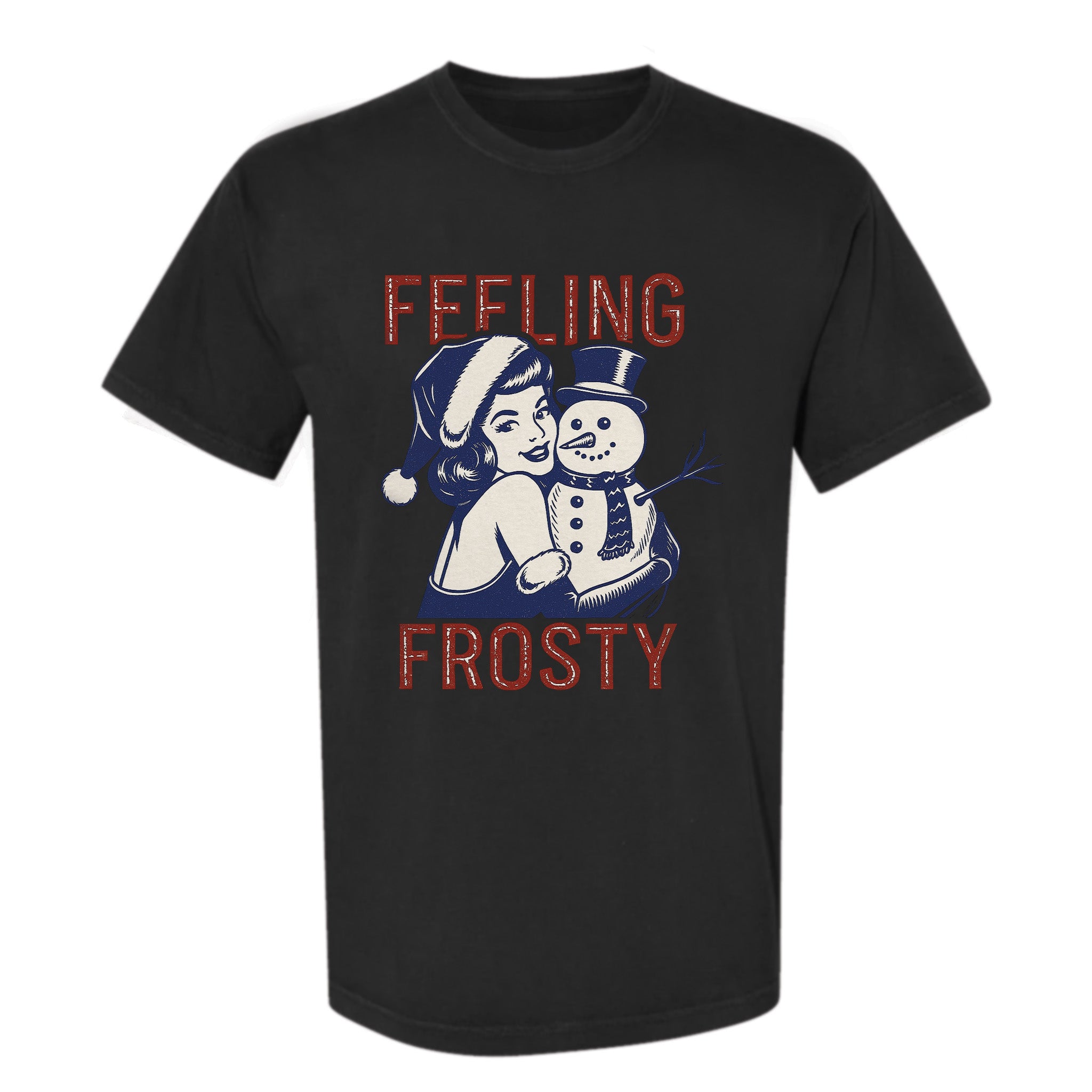 Black Christmas graphic t-shirt with Christmas-themed design featuring a couple and 'Feeling Frosty' text.