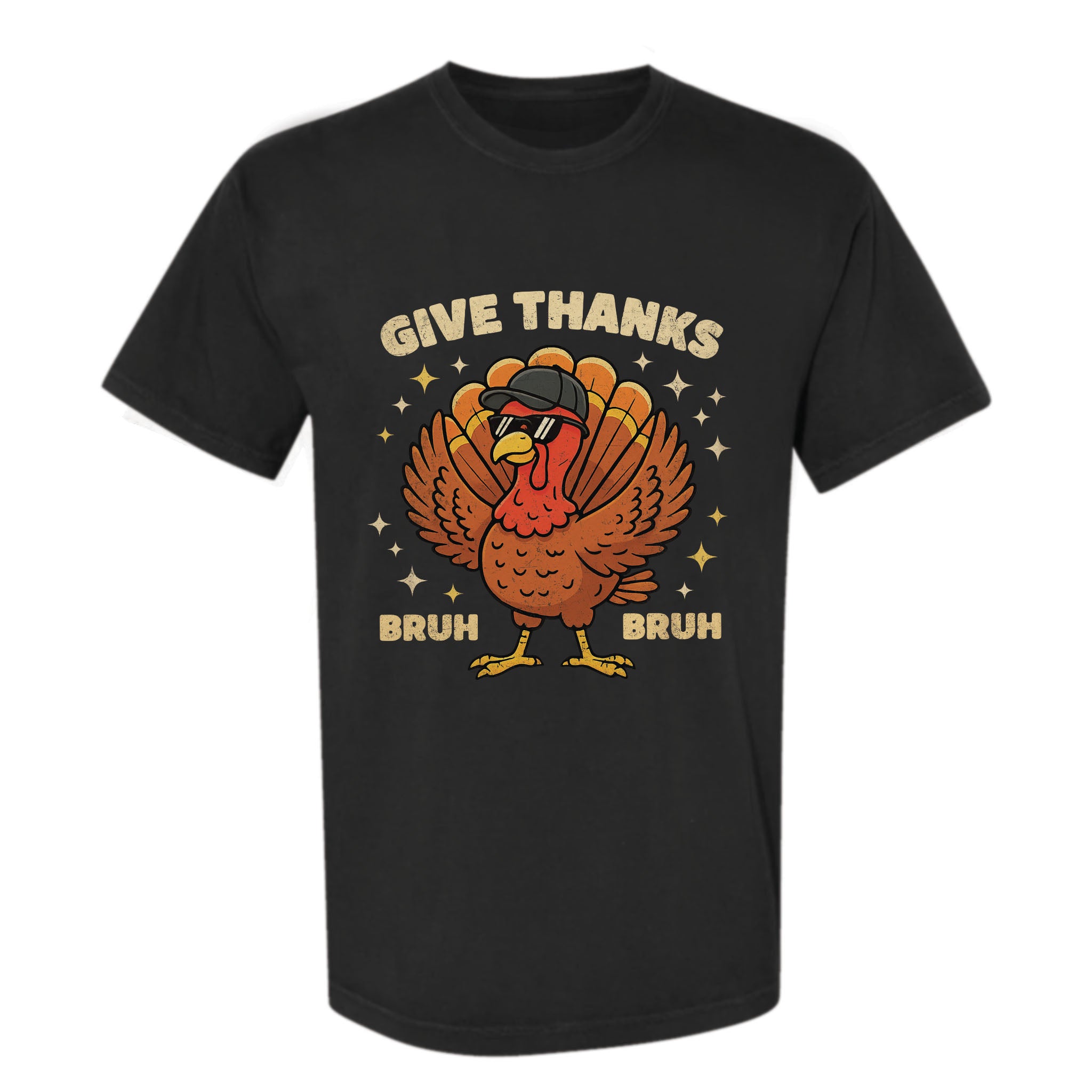 Black Thanksgiving graphic t-shirt with a turkey graphic and text 'Give Thanks Bruh Bruh'.