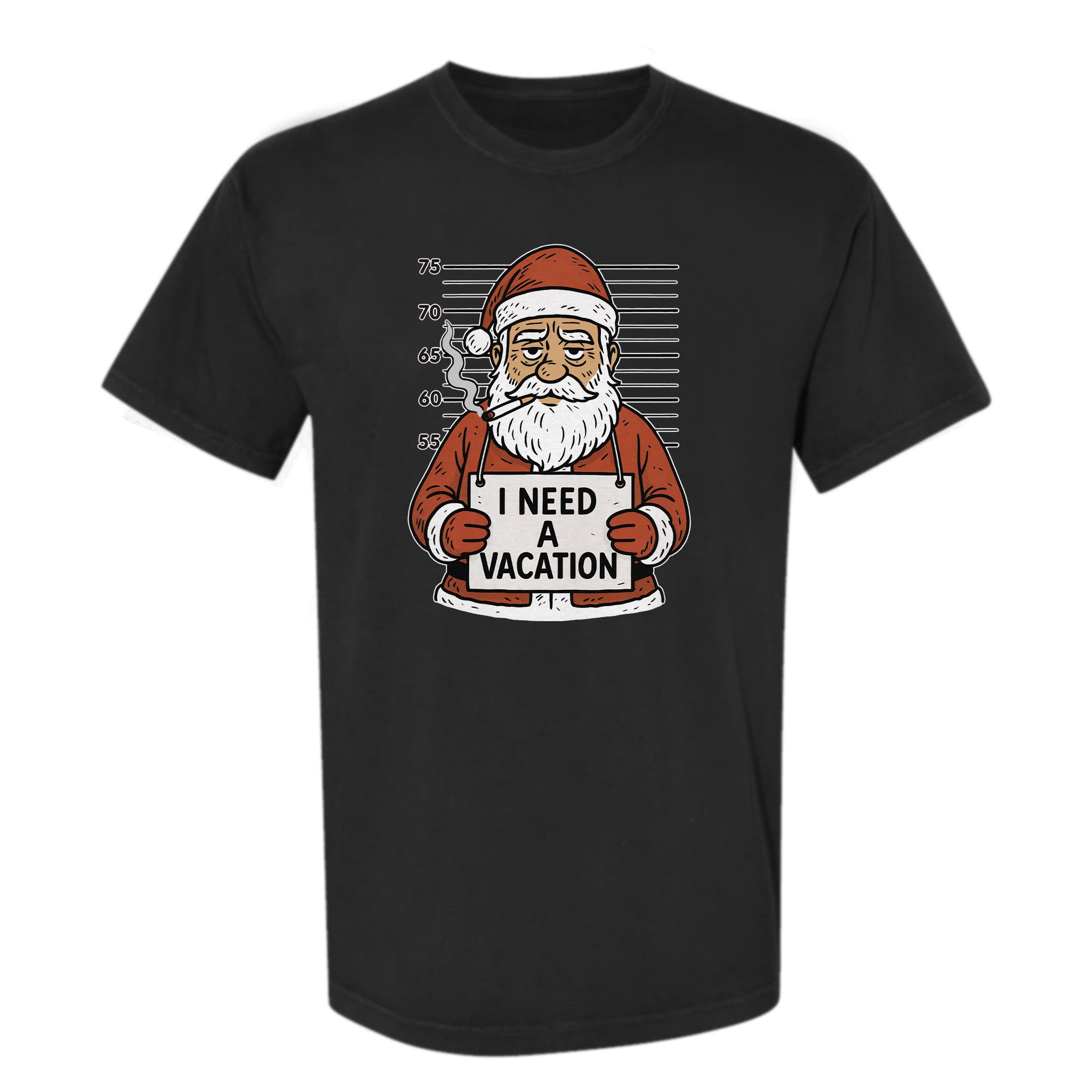 Black Christmas graphic t-shirt with Santa Claus holding an ‘I Need a Vacation’ sign.