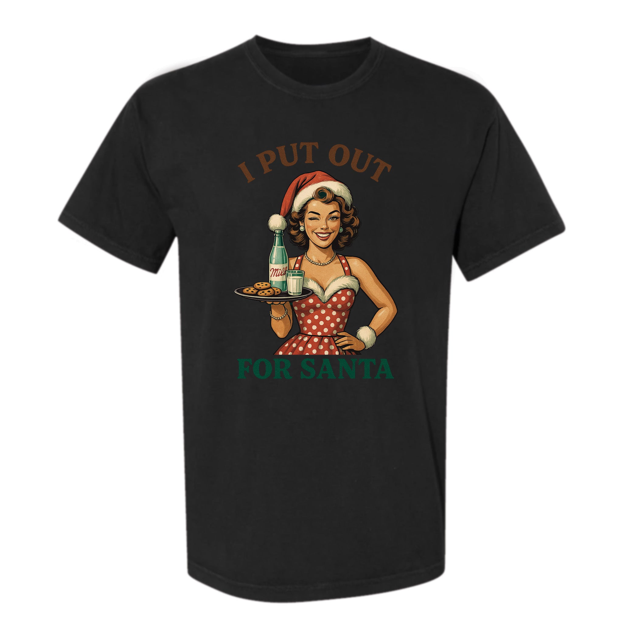 Black Christmas graphic t-shirt with retro pin-up woman holding milk and cookies, featuring the funny holiday text 'I Put Out for Santa'.