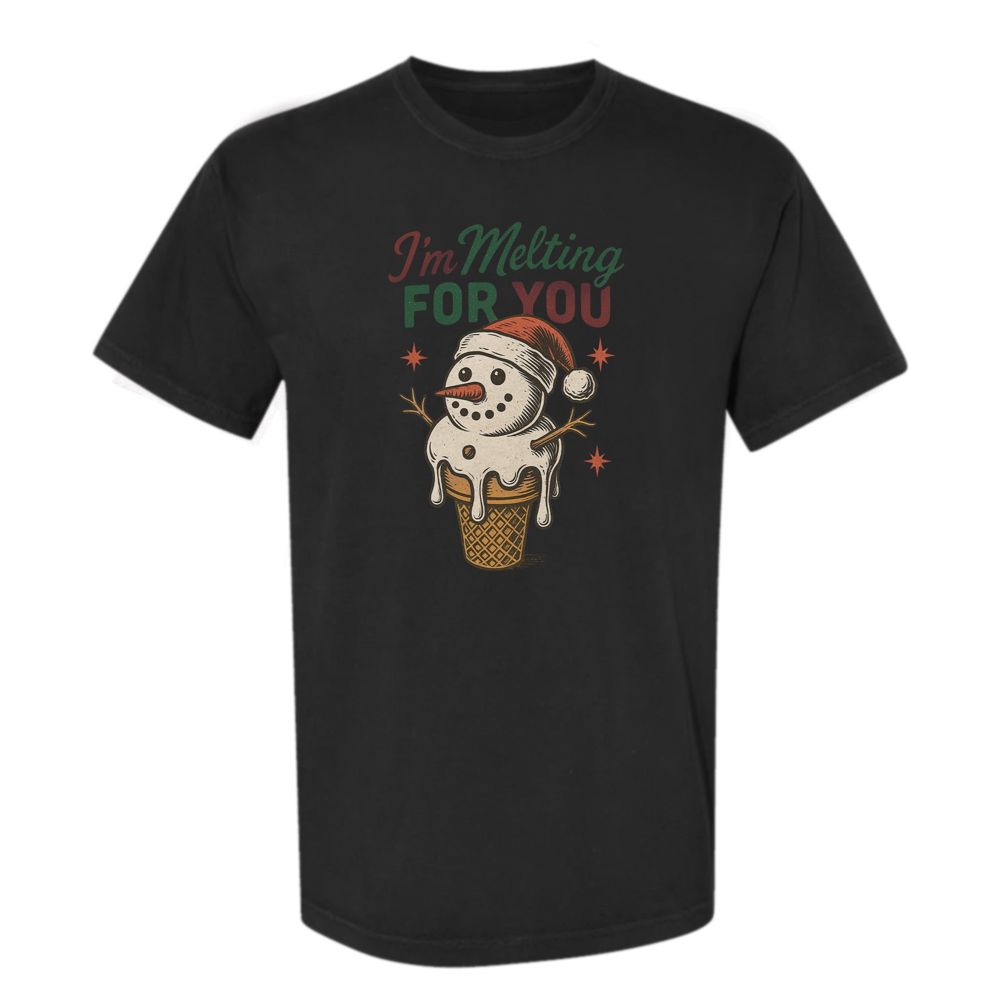 Black Christmas graphic t-shirt with a snowman in an ice cream cone graphic and text "I'm Melting For You".