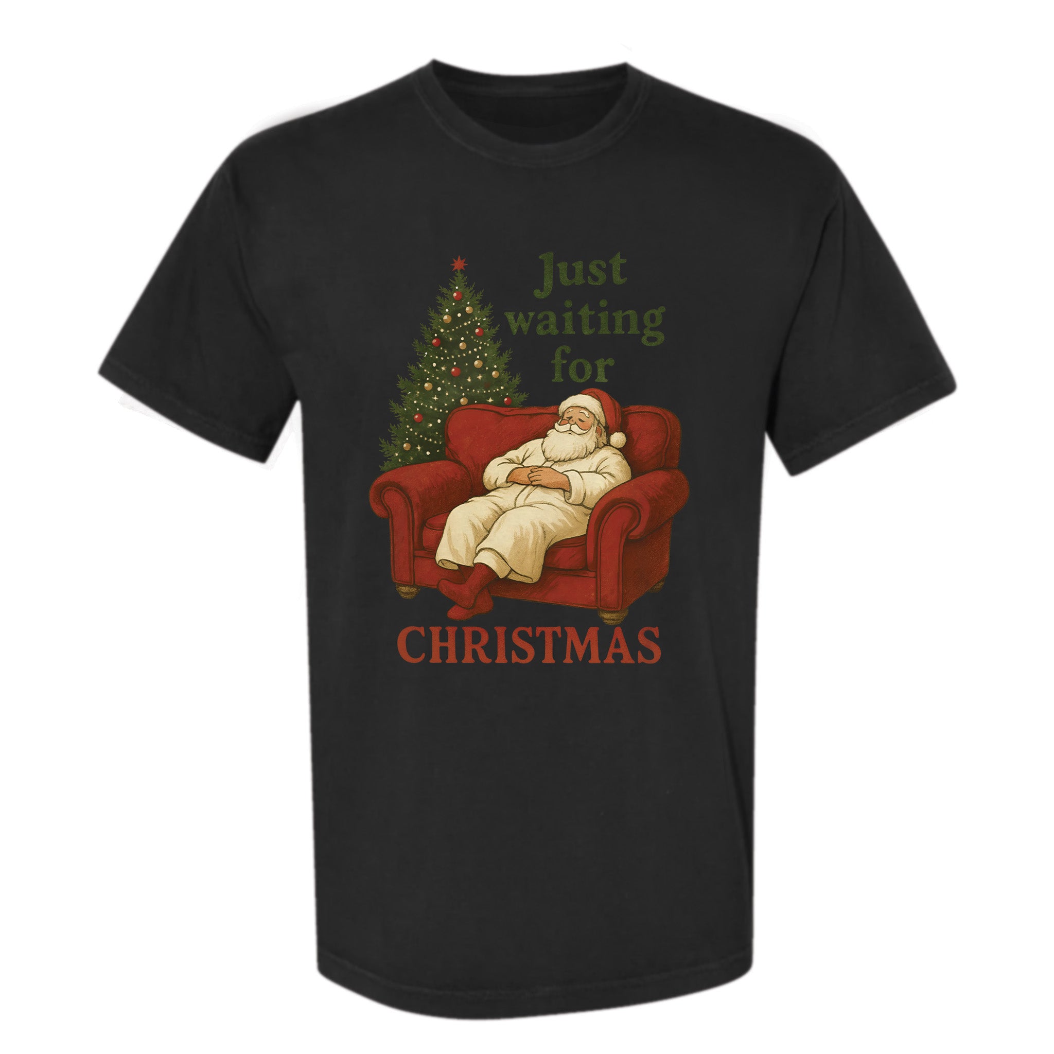Black Christmas graphic t-shirt with text 'Just Waiting For Christmas'