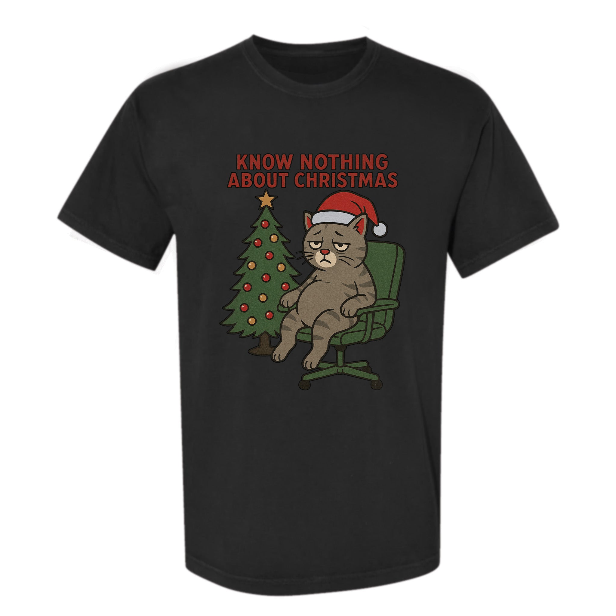 Black Christmas graphic t-shirt with a cat in a Santa hat sitting next to a Christmas tree and text 'KNOW NOTHING ABOUT CHRISTMAS'.