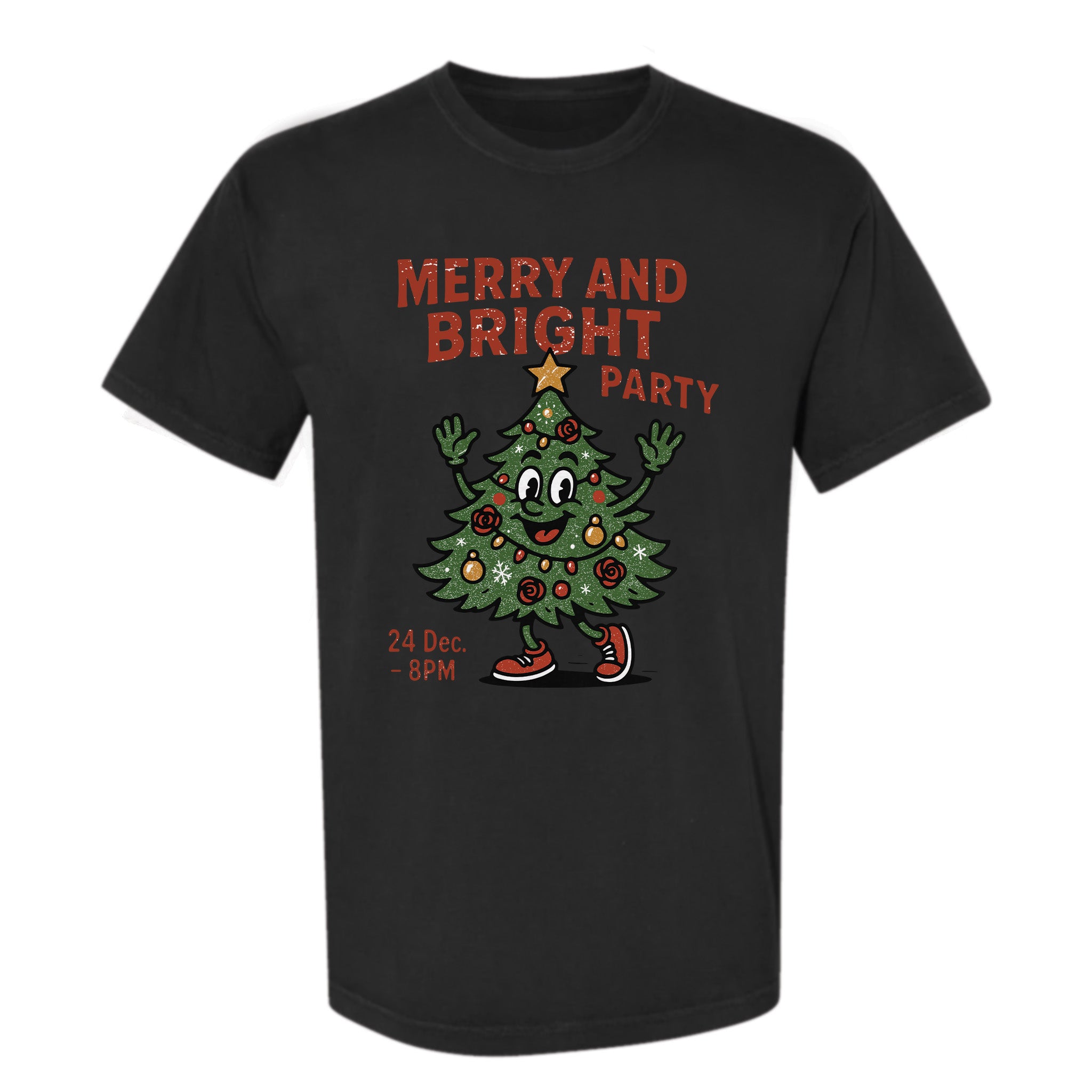 Black Christmas t-shirt with a Christmas tree design and text 'Merry And Bright Party'