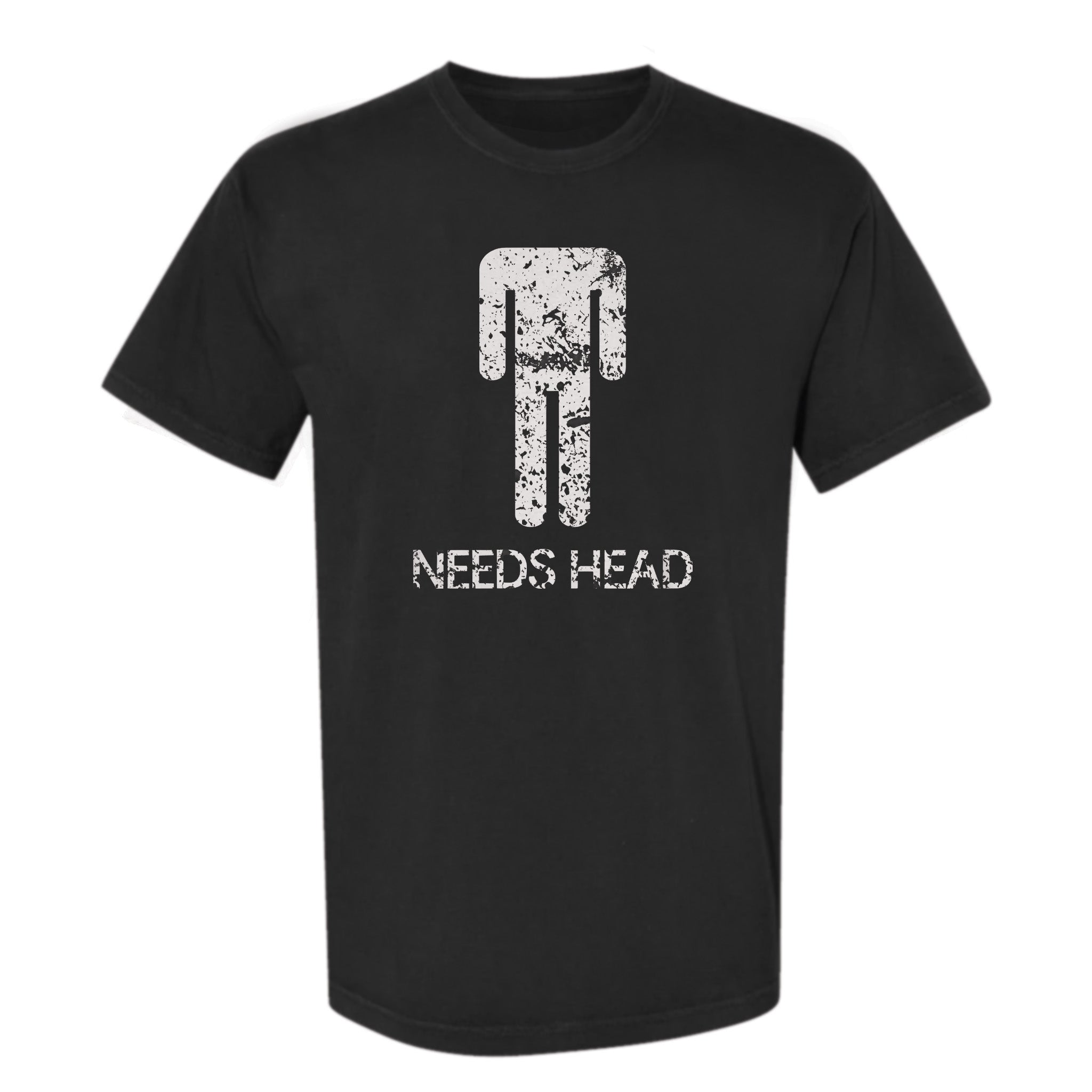 Black funny graphic t-shirt with white graphic design and text "Needs Head"