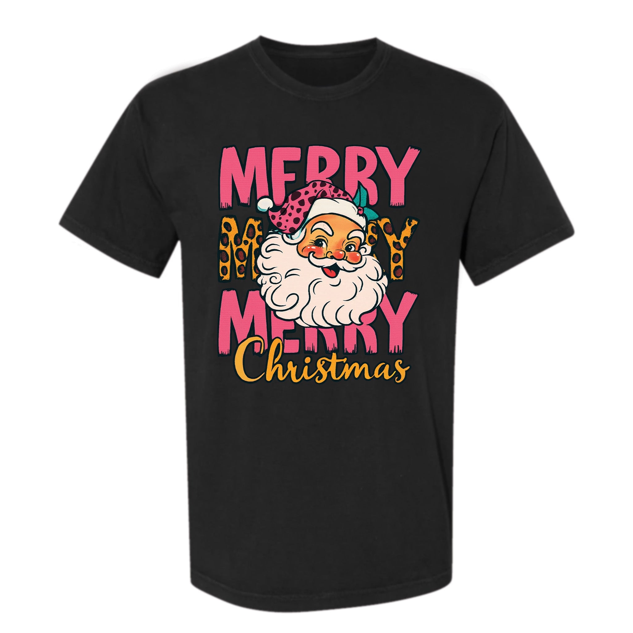 Black Christmas graphic t-shirt with retro Santa and leopard hat, text: "MERRY MERRY MERRY Christmas."
