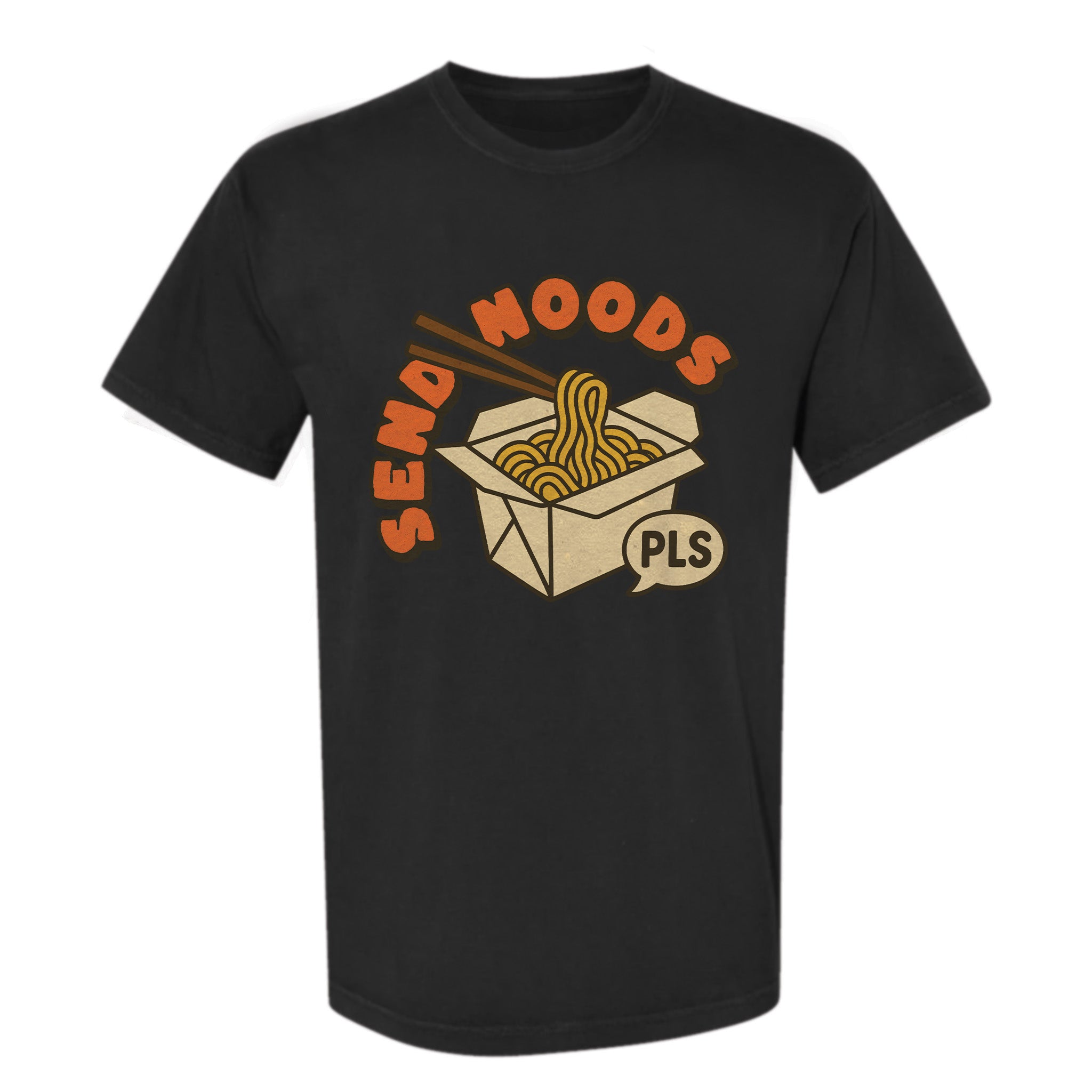 Black funny graphic t-shirt with a graphic of a ramen box and text 'SEND NOODS PLS'