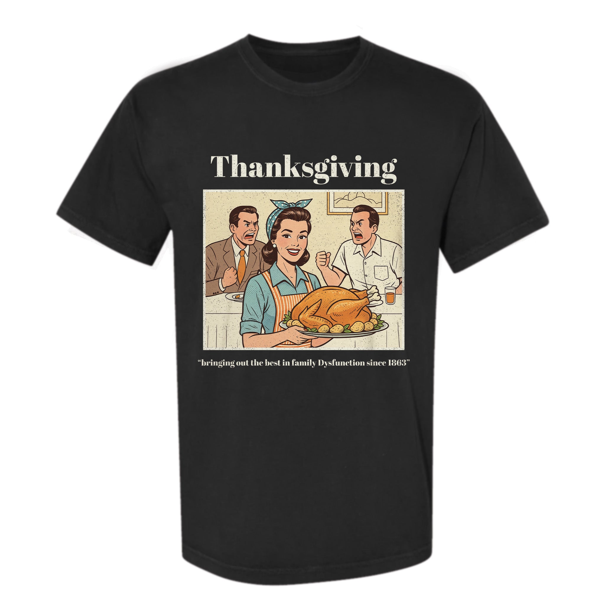 Black Thanksgiving graphic t-shirt with a Thanksgiving graphic featuring three people around a turkey.