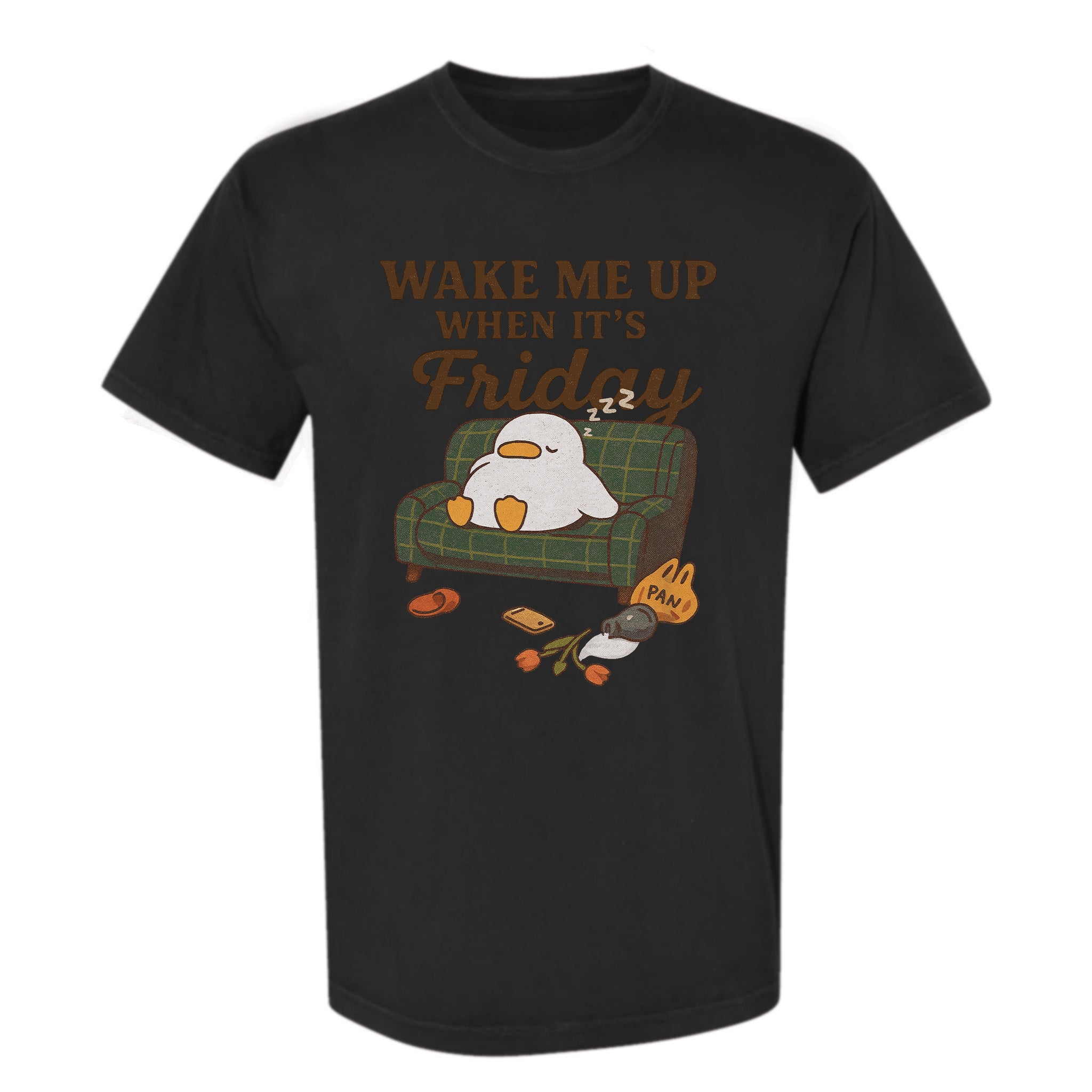 Black funny graphic t-shirt with cartoon duck on a couch and text "Wake Me Up When It's Friday".