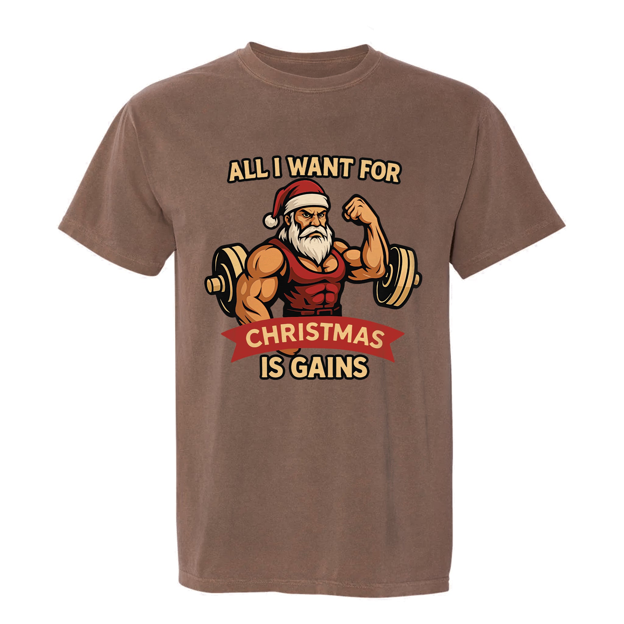Brown Christmas graphic t-shirt with text 'All I Want For Christmas Is Gains'