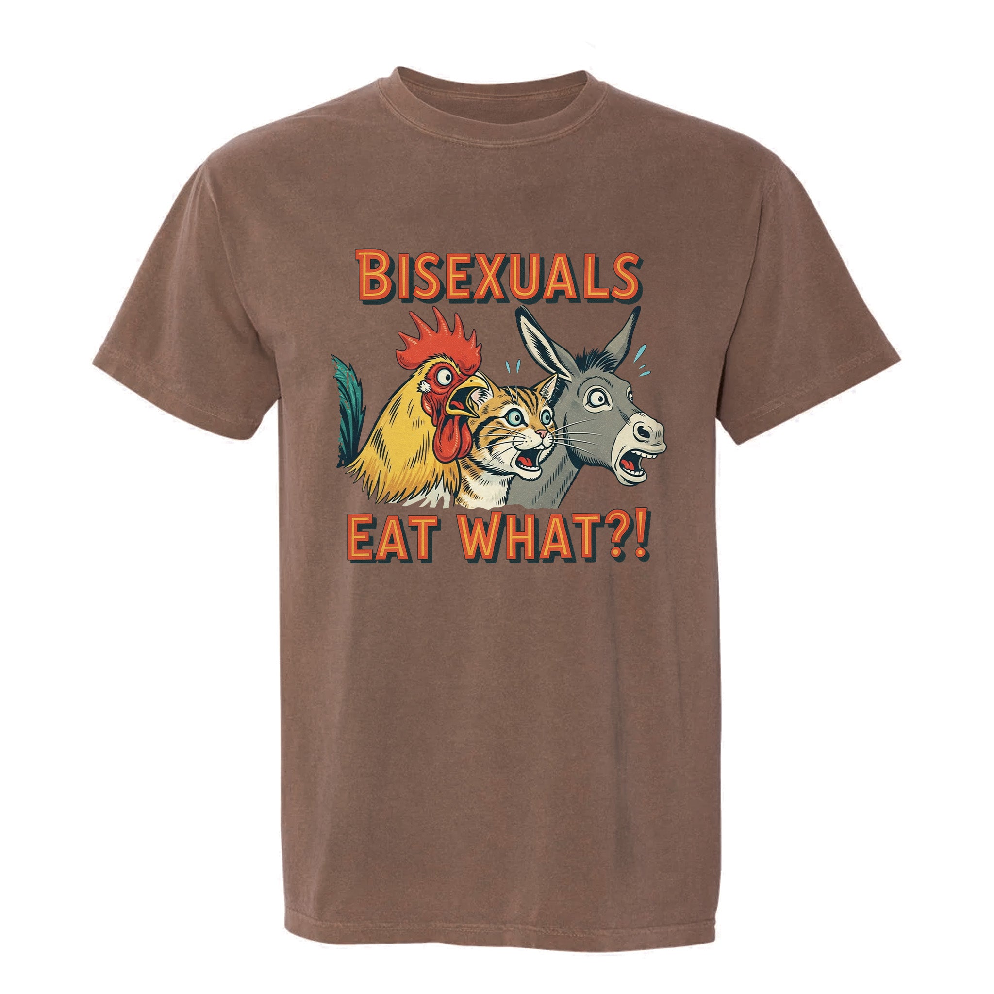 Brown funny graphic t-shirt with animal graphics and text 'Bisexuals Eat What'