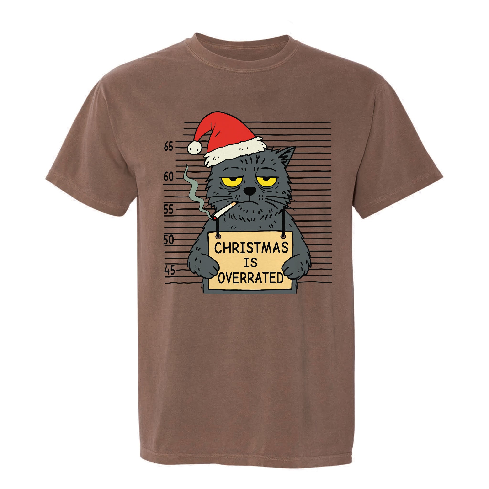 Brown Christmas t-shirt with a graphic of a cat in a Santa hat holding a sign saying 'Christmas is Overrated'