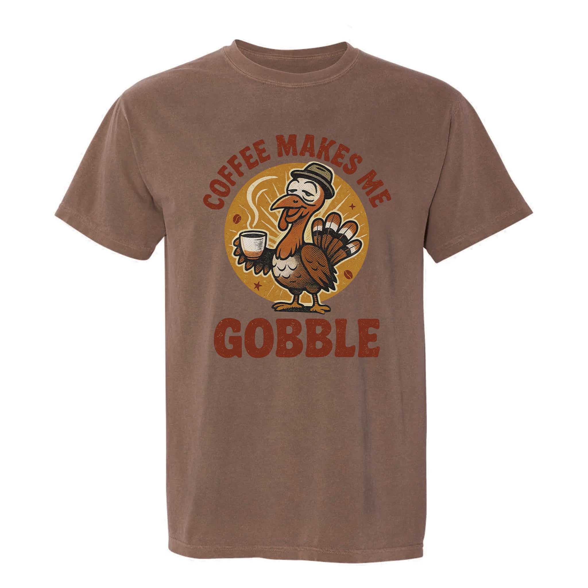 Brown Thanksgiving graphic t-shirt with a turkey graphic and text 'Coffee Makes Me Gobble'.