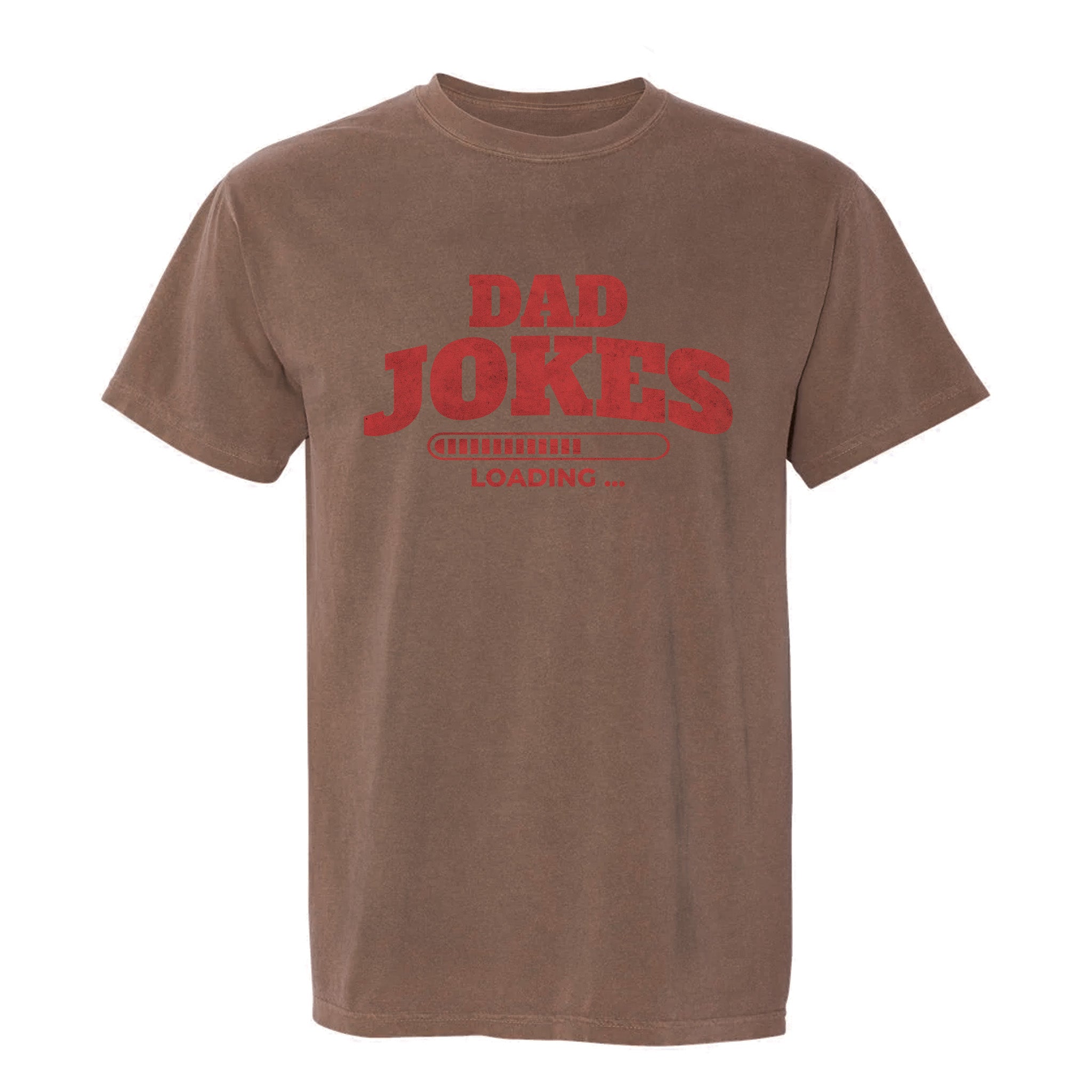 Brown funny graphic t-shirt with red 'Dad Jokes Loading' text