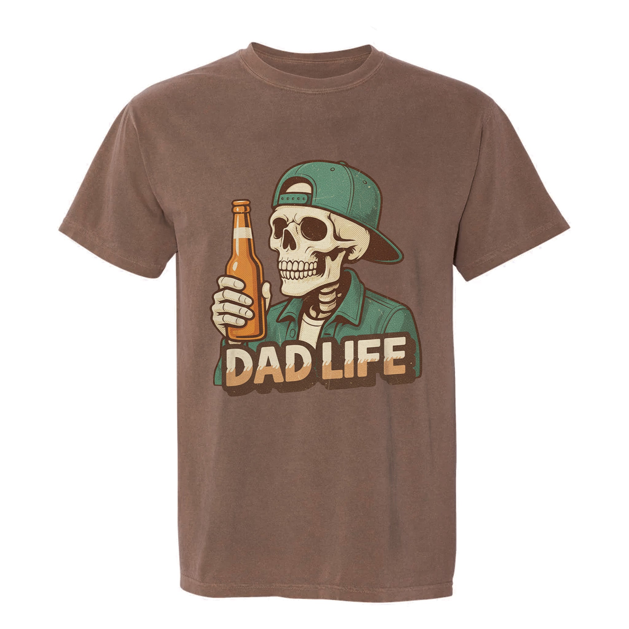 Brown funny graphic t-shirt with a graphic of a skeleton wearing a cap and holding a beer bottle, labeled "Dad Life".