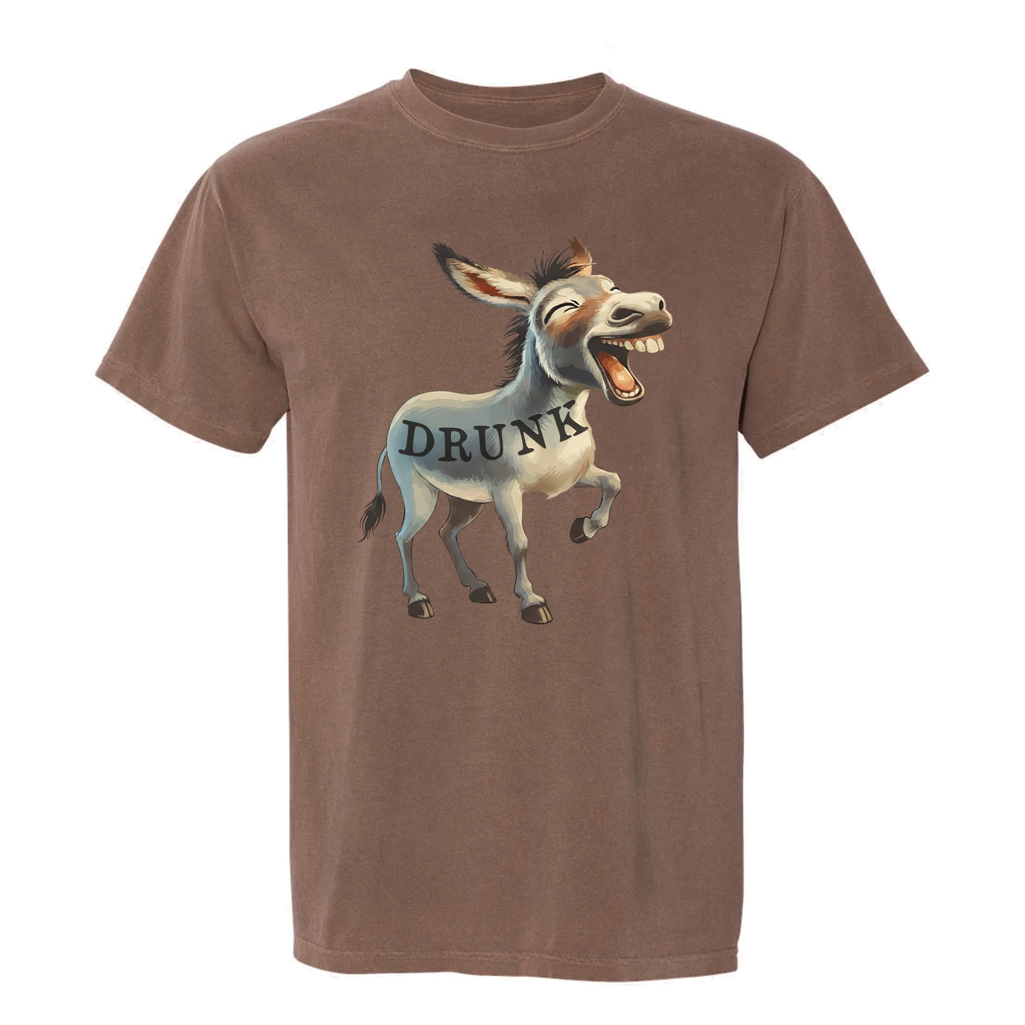 Brown funny graphic t-shirt with a cartoon donkey labeled 'DRUNK'