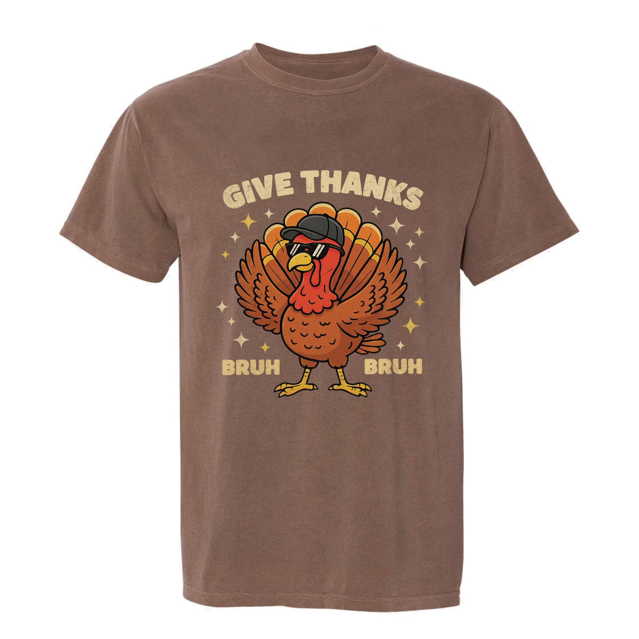 Brown Thanksgiving graphic t-shirt with a turkey graphic and text 'Give Thanks Bruh Bruh'.