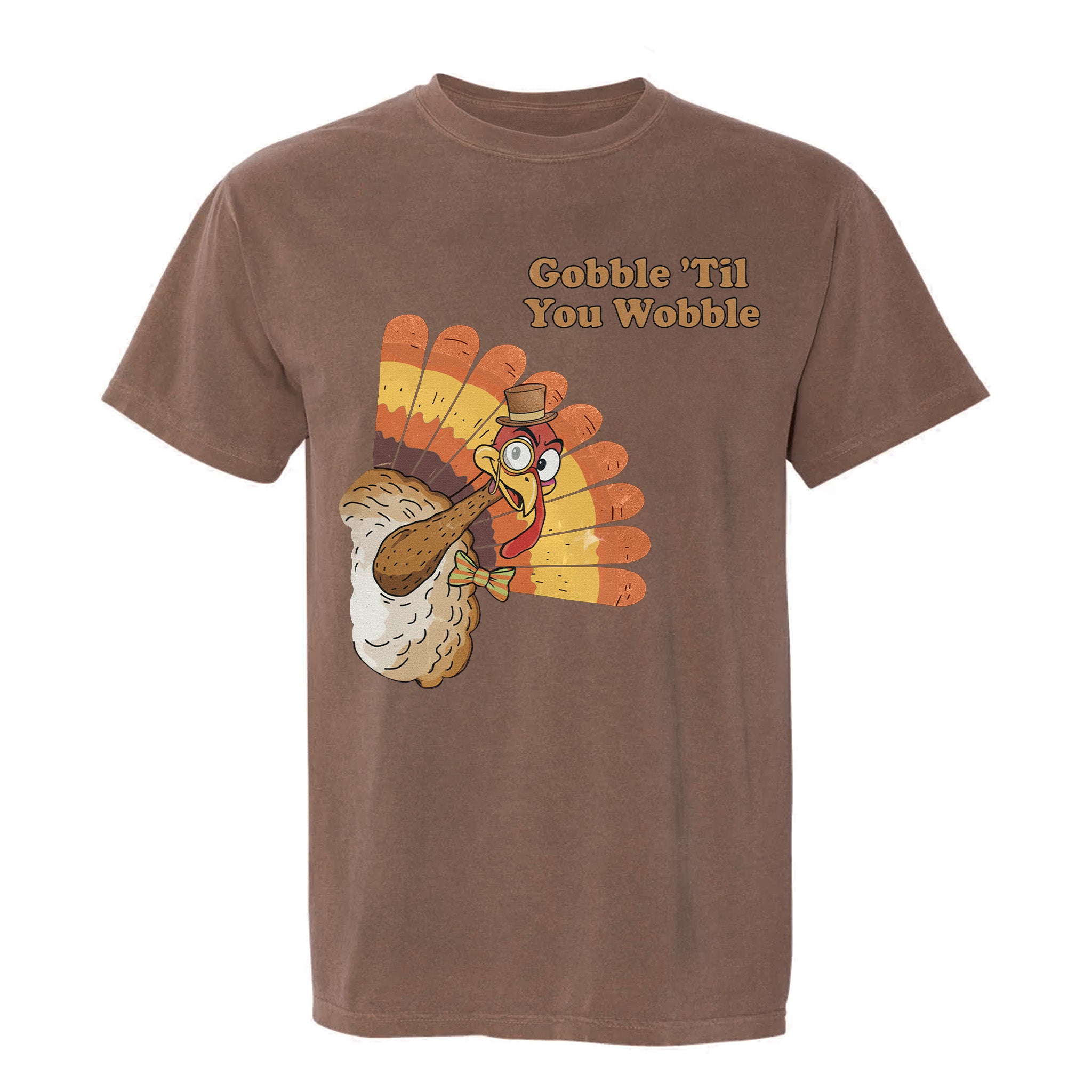 Brown Thanksgiving graphic t-shirt with a cartoon turkey and text 'Gobble 'Til You Wobble'.