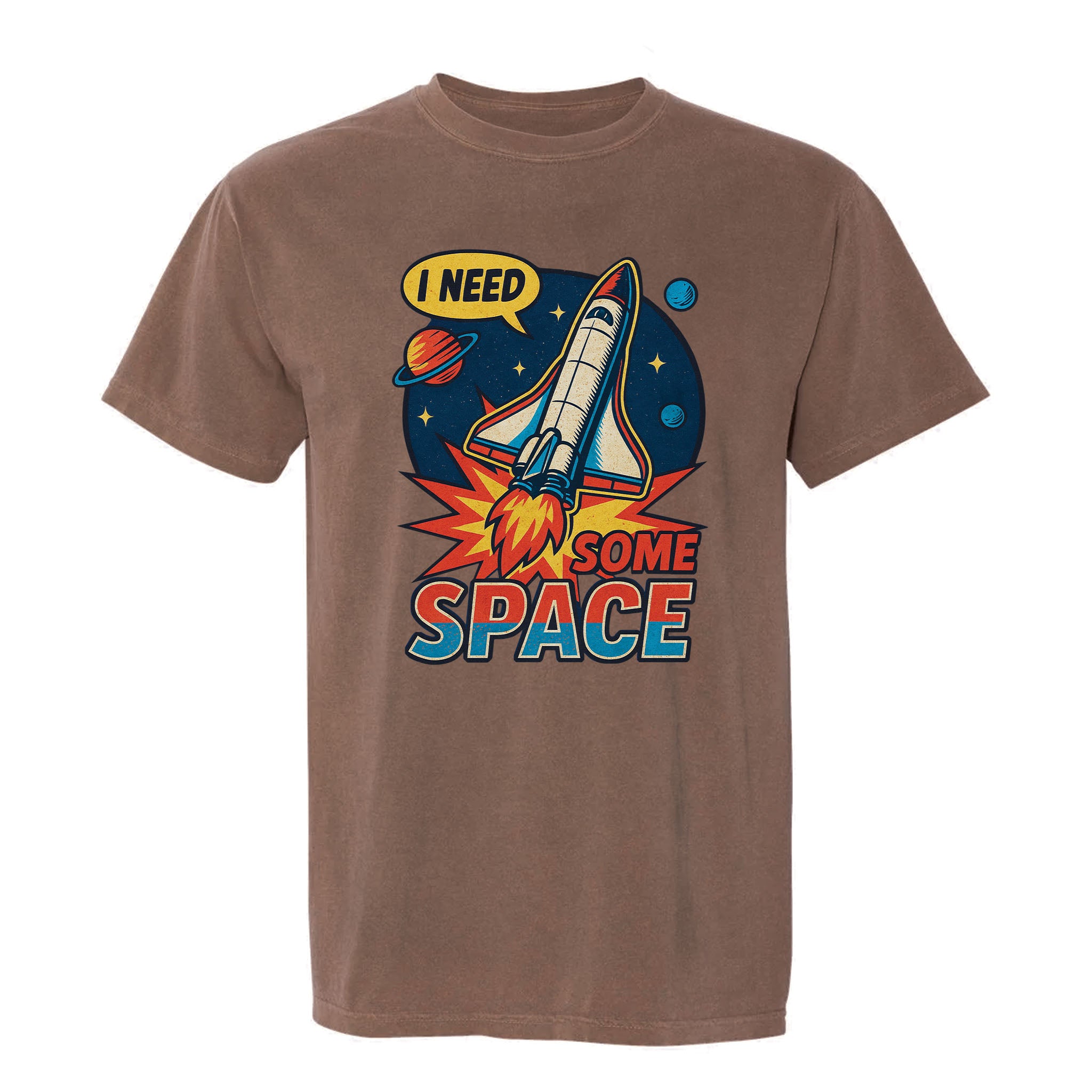 Brown funny graphic t-shirt with space-themed graphic and text 'I NEED SOME SPACE'