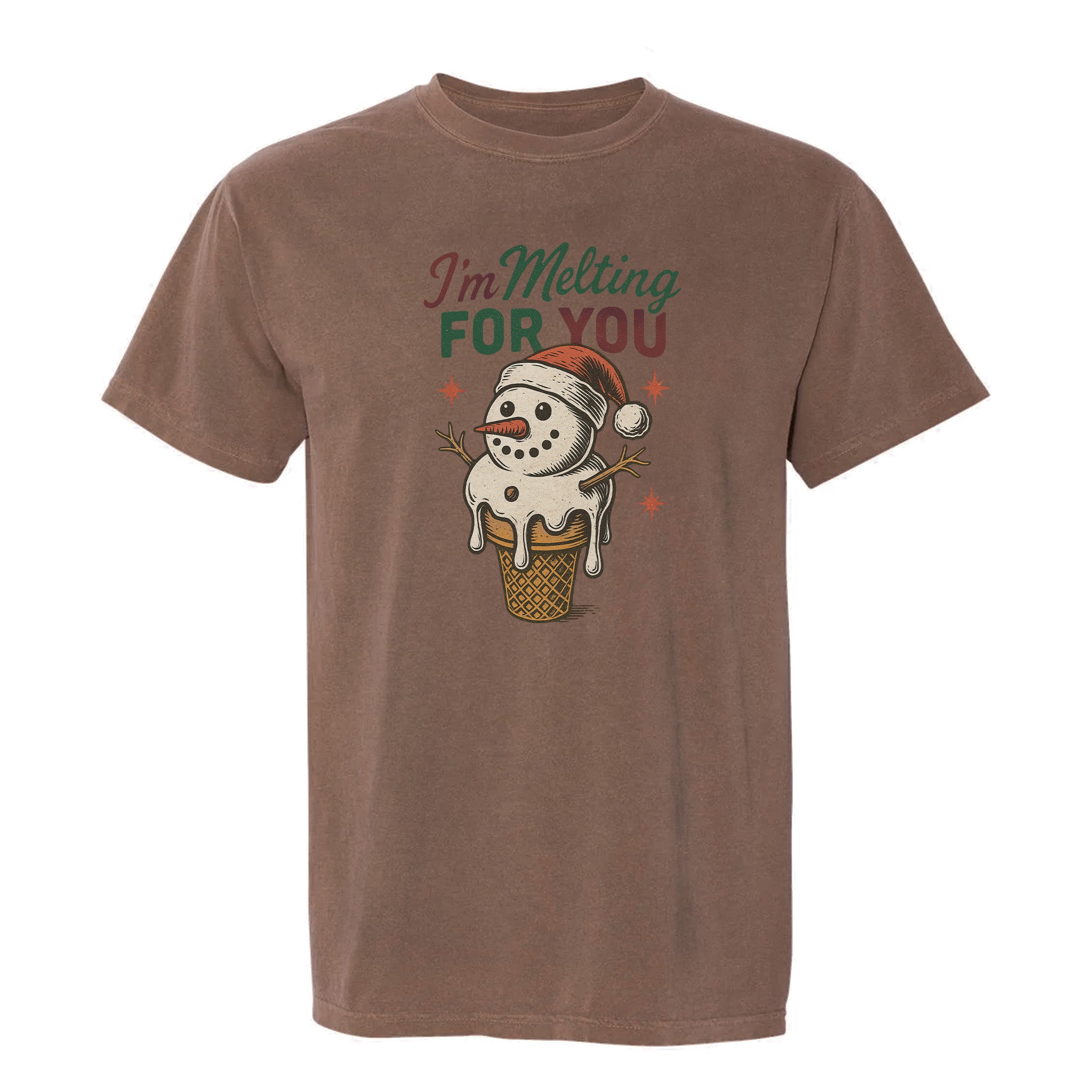 Brown Christmas graphic t-shirt with a snowman in an ice cream cone graphic and text "I'm Melting For You".