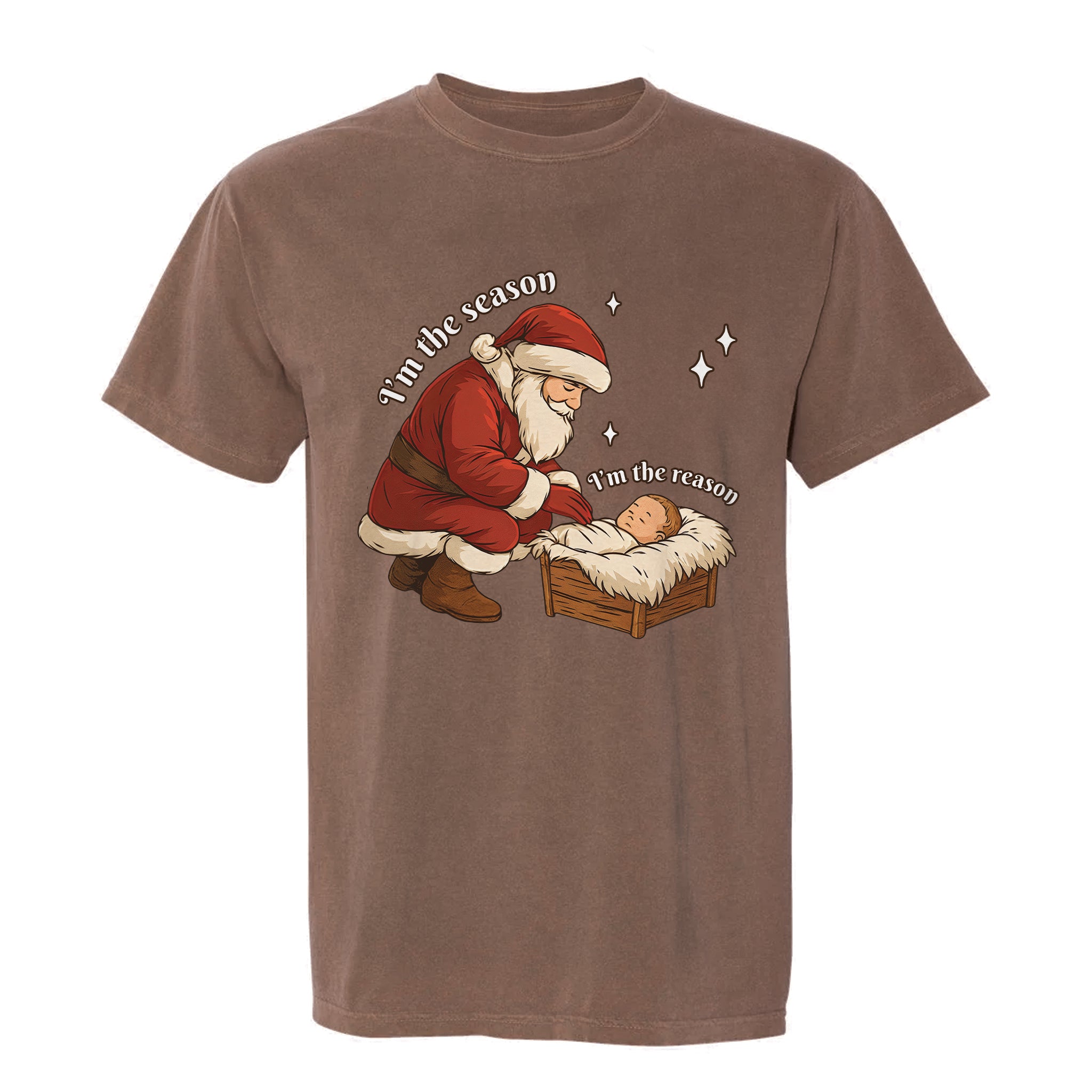 Brown Christmas graphic t-shirt with Santa, baby and text 'I'm The Season I'm The Reason'