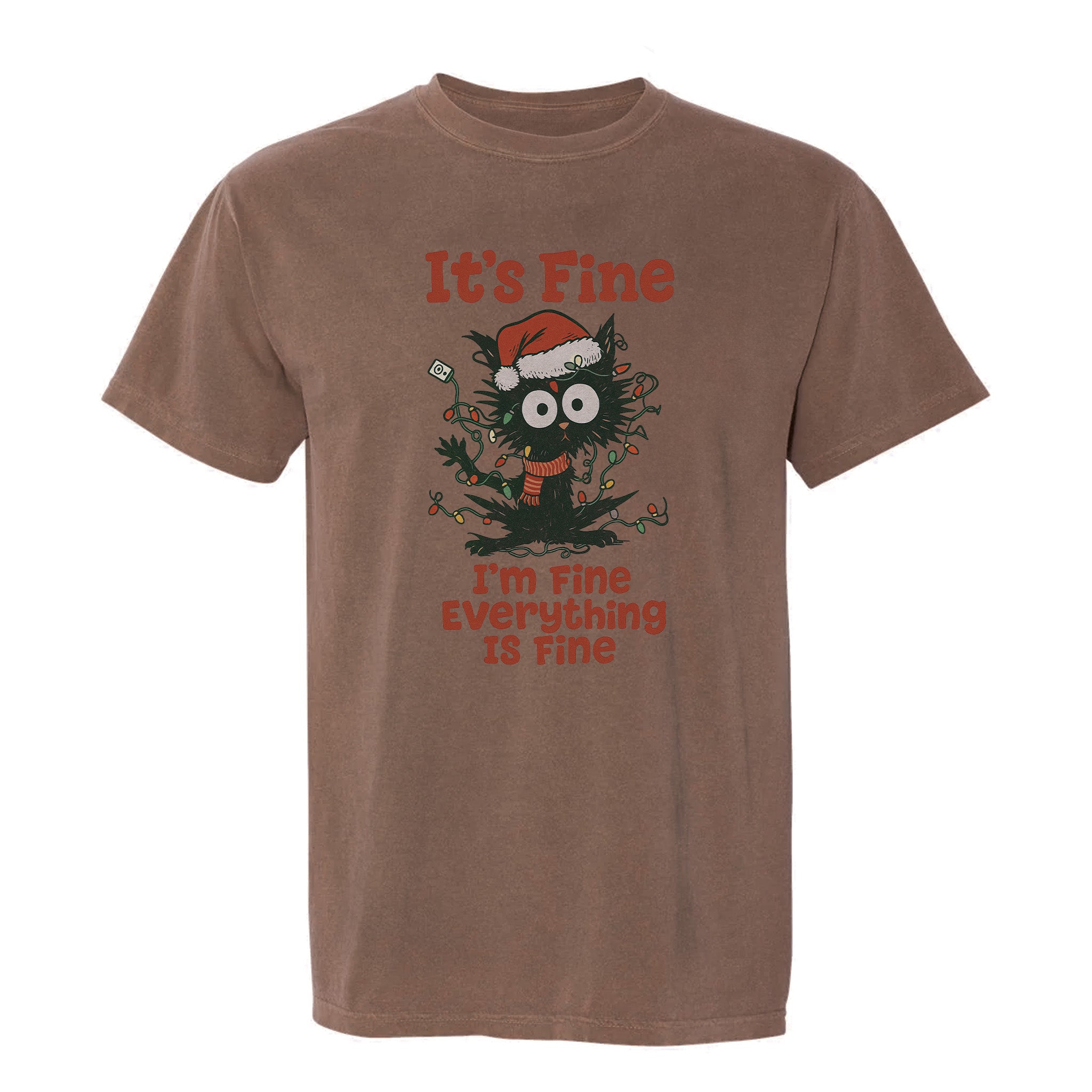 Brown Christmas graphic t-shirt with funny black cat wearing Santa hat and tangled lights, featuring the text 'It’s Fine I’m Fine Everything Is Fine'.