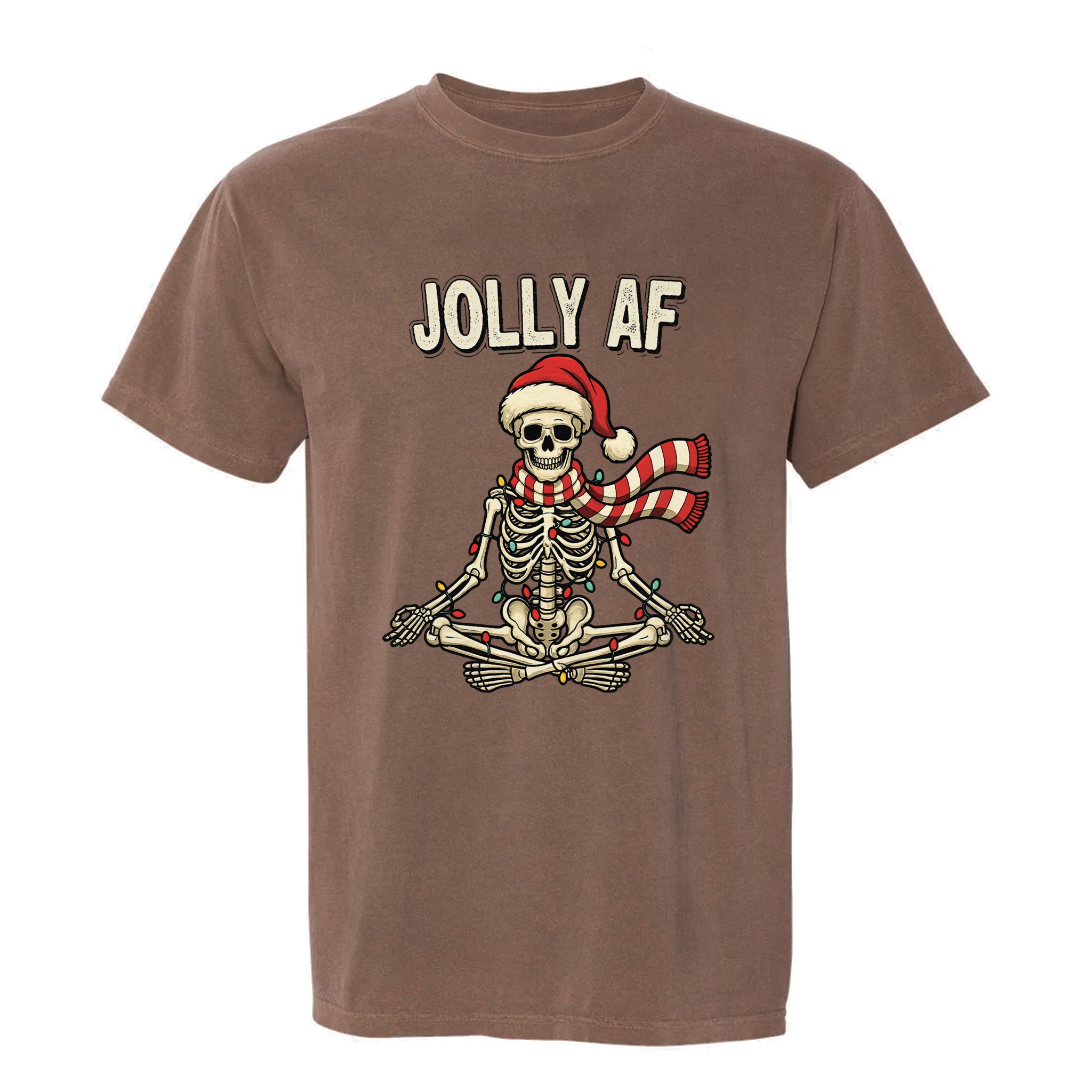 Brown Christmas graphic t-shirt with a skeleton wearing a Santa hat and scarf, wrapped in lights, and text ‘Jolly AF’.