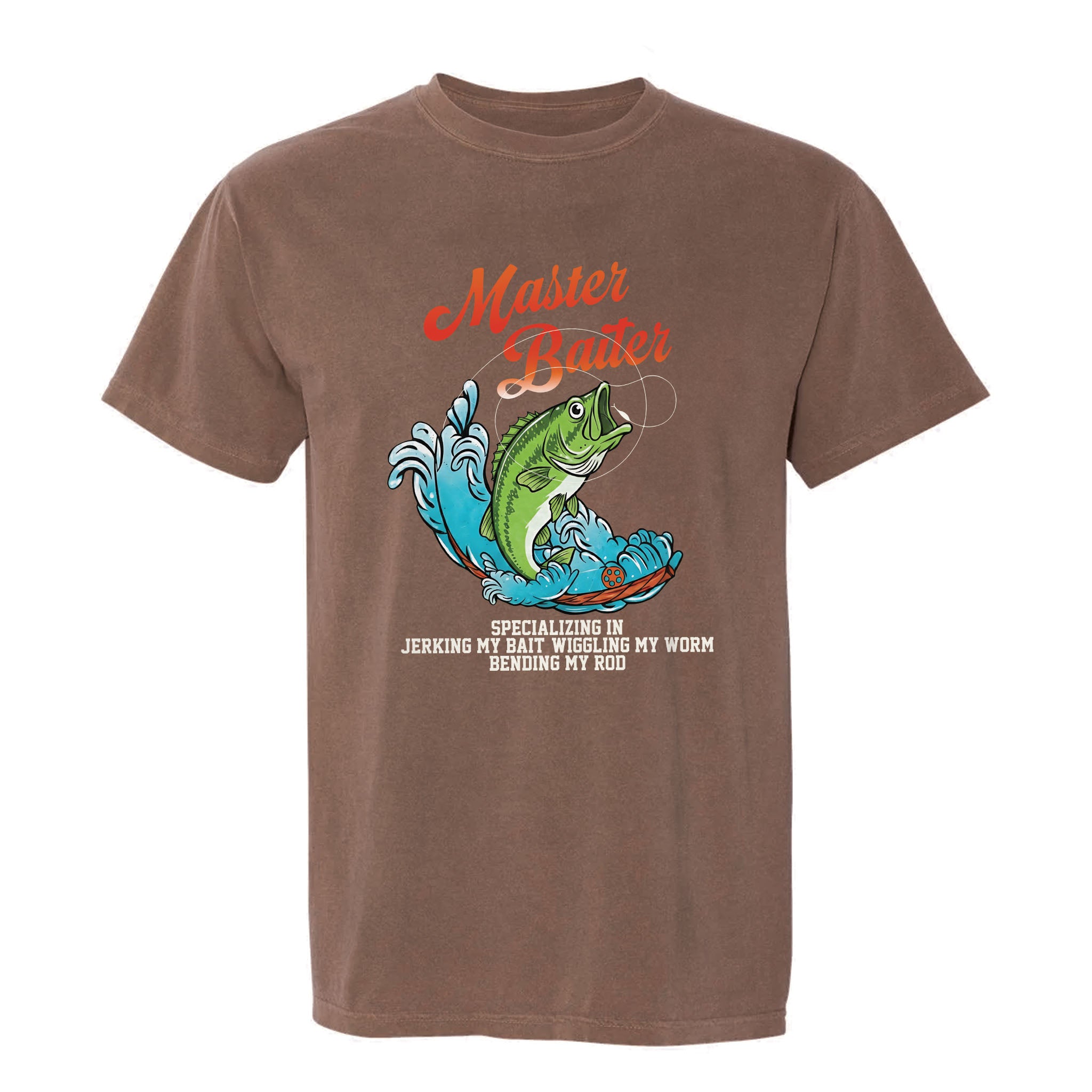 Brown funny graphic t-shirt showing a bass jumping and text: “Master Baiter SPECIALIZING IN JERKING MY BAIT WIGGLING MY WORM BENDING MY ROD.”