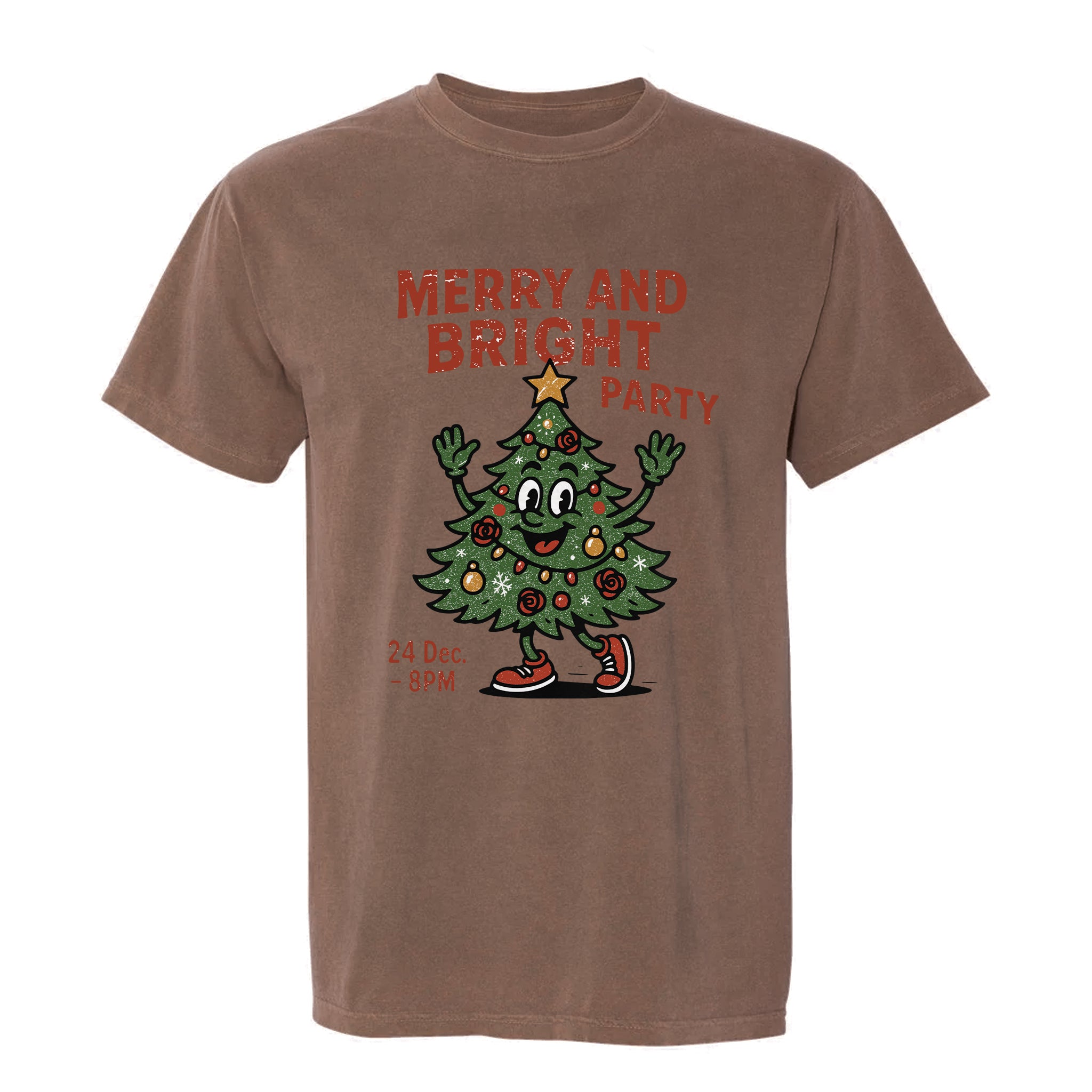 Brown Christmas t-shirt with a Christmas tree design and text 'Merry And Bright Party'