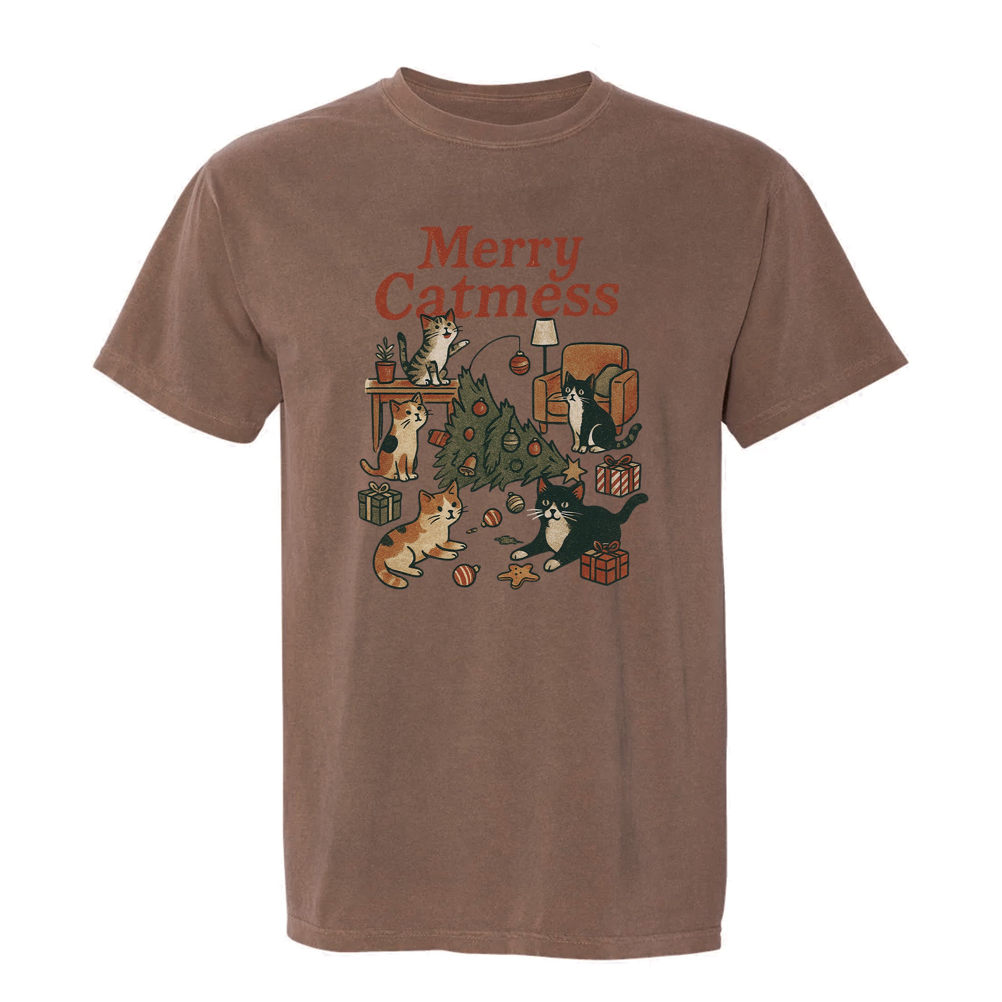 Brown Christmas graphic t-shirt with text 'Merry Catmess' featuring cats around a Christmas tree.