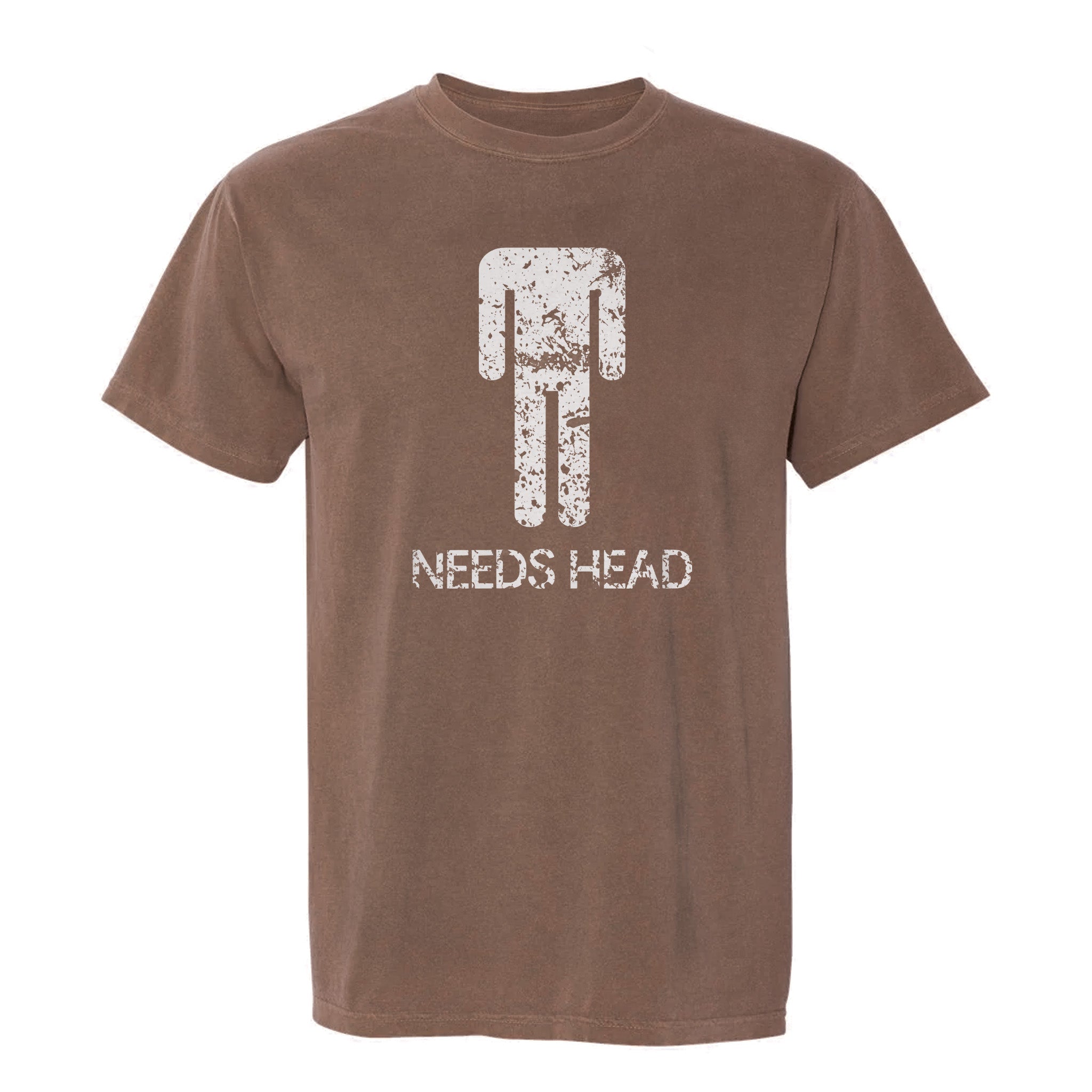 Brown funny graphic t-shirt with white graphic and text 'NEEDS HEAD'