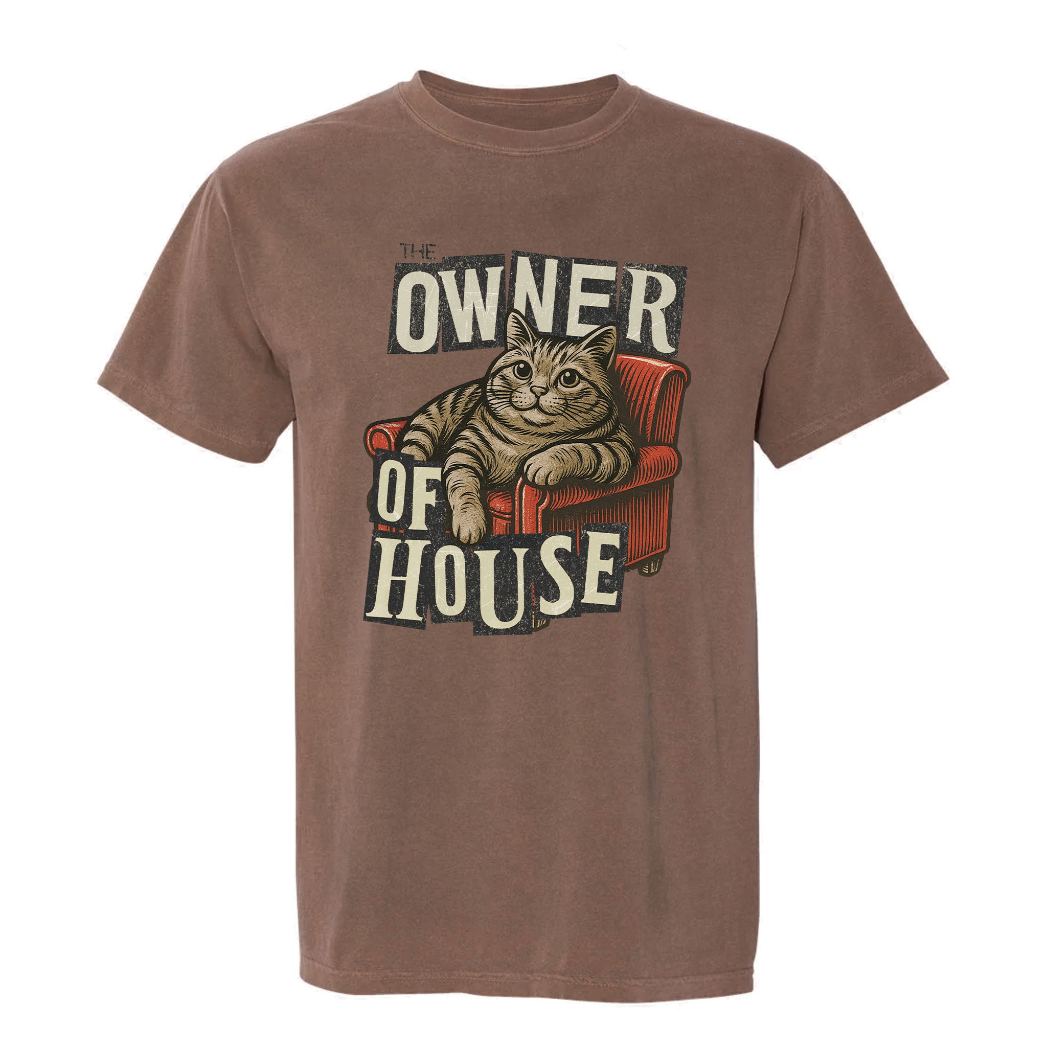 Brown funny graphic t-shirt with a cat graphic and "Owner of House" text
