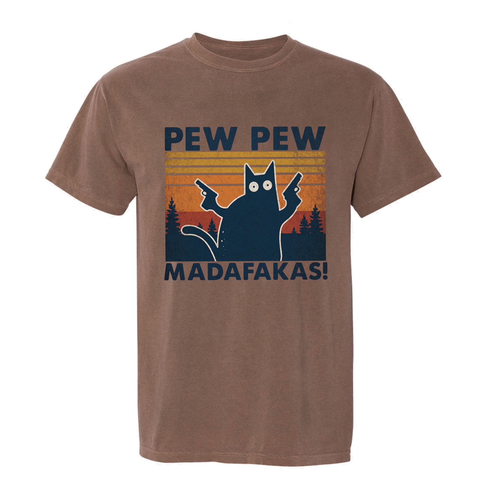 Brown funny graphic t-shirt with a graphic of a cat holding a gun and text "Pew Pew Madafakas!"