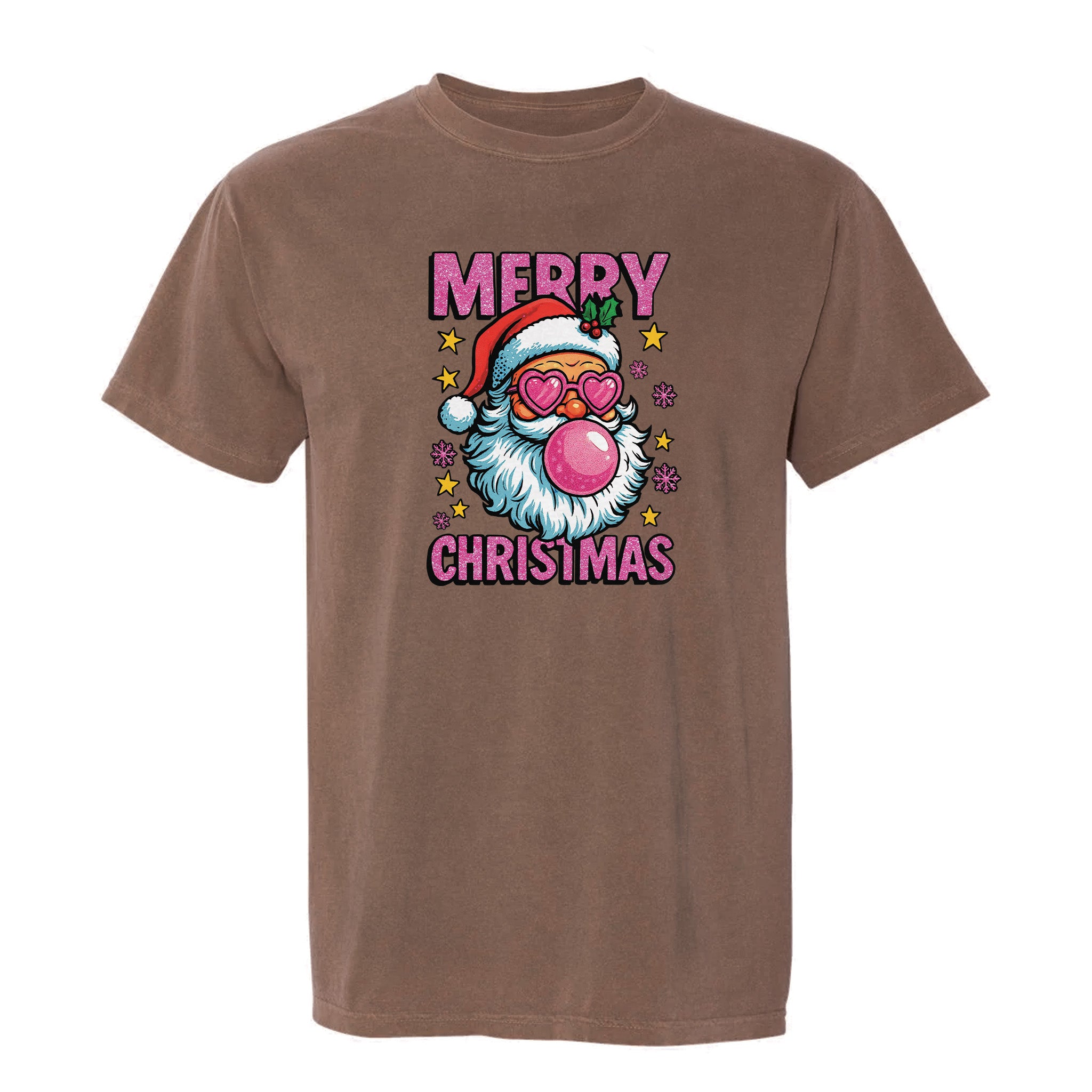 Brown Christmas graphic t-shirt featuring Santa with heart-shaped glasses blowing pink bubbles and the text 'Merry Christmas'.