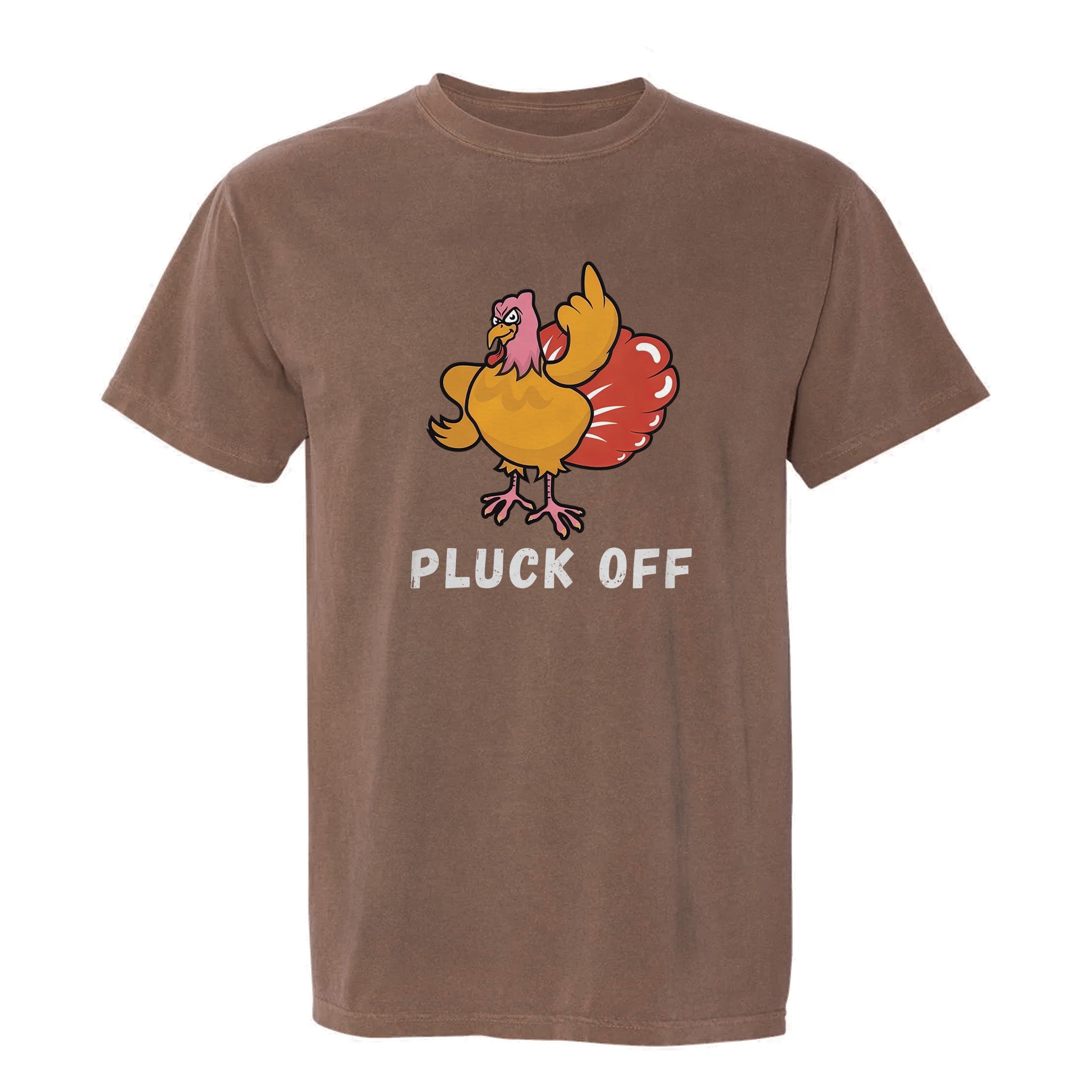 Brown Thanksgiving graphic t-shirt with text 'Pluck Off'