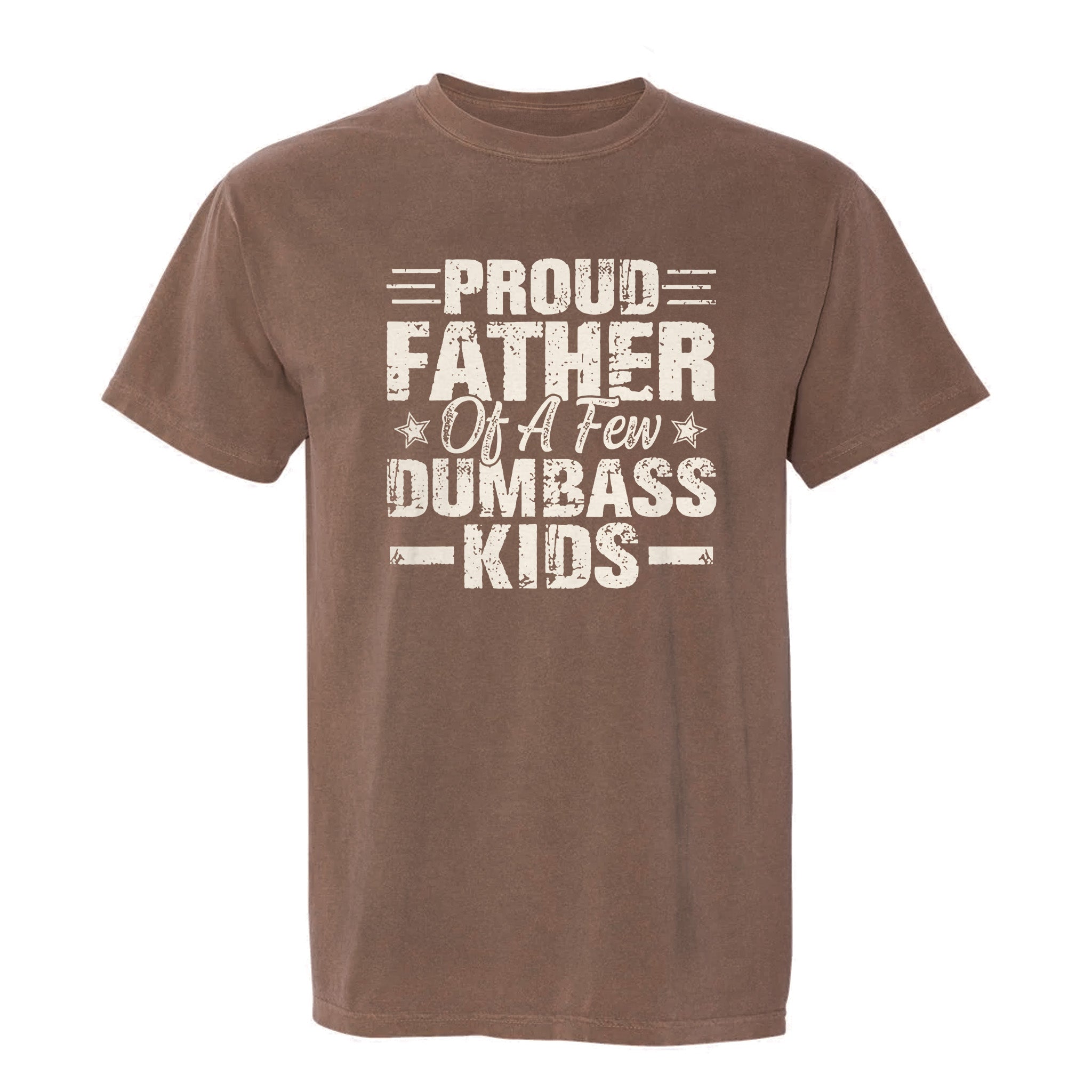 Brown funny graphic t-shirt featuring bold block text: “PROUD FATHER OF A FEW DUMBASS KIDS.”