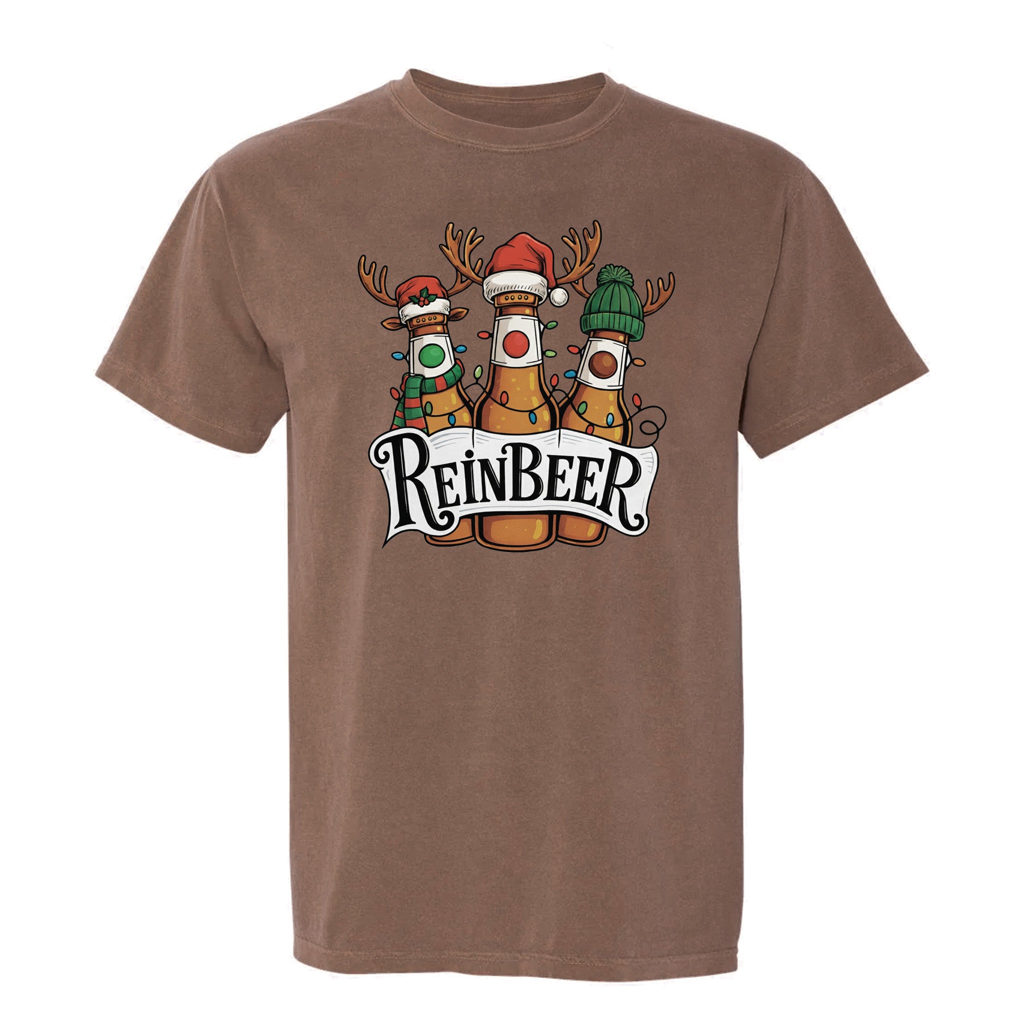 Brown Christmas graphic t-shirt with text "Reinbeer" featuring bottles of beer with antlers and Christmas hats.