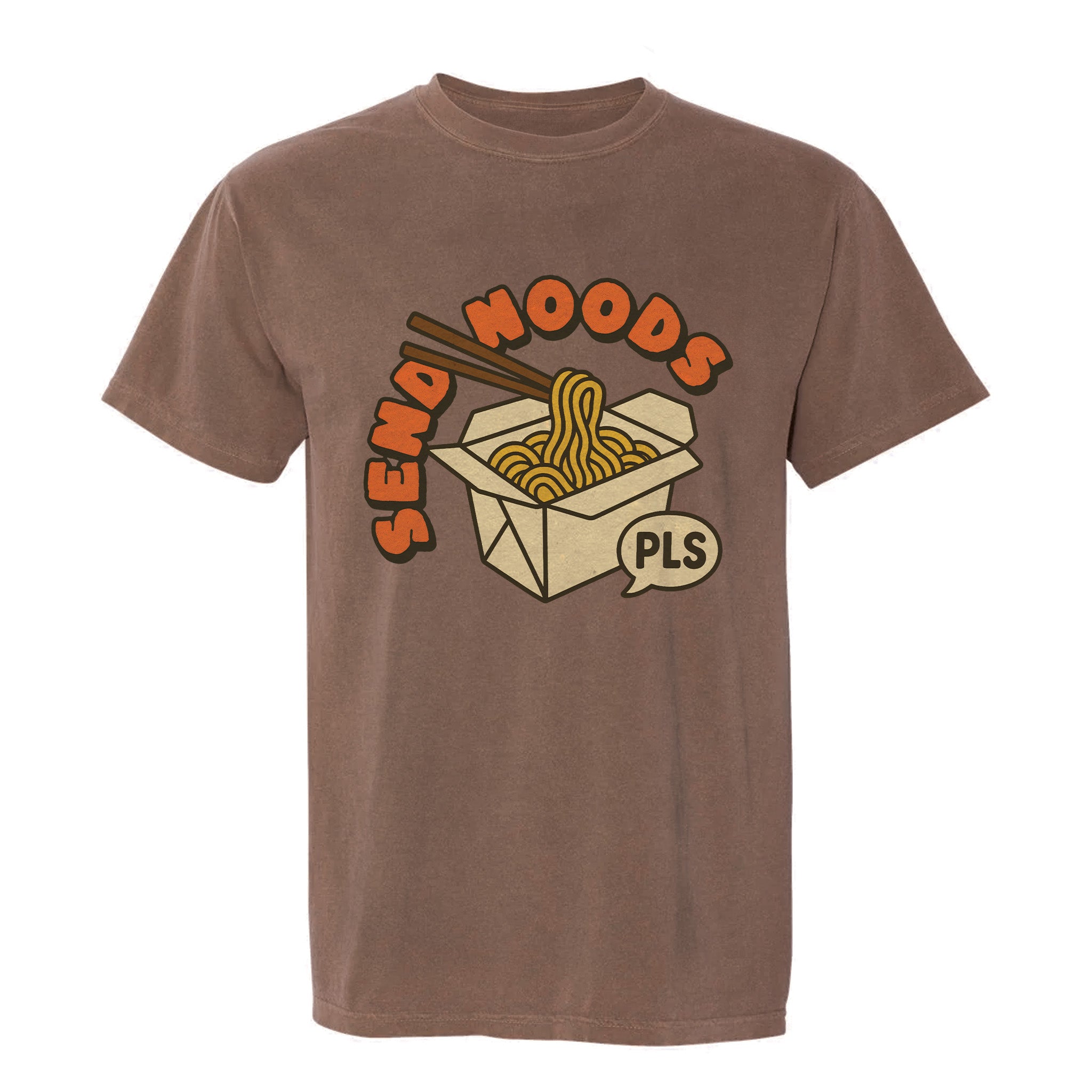 Brown funny graphic t-shirt with a graphic of a ramen box and text 'SEND NOODS PLS'