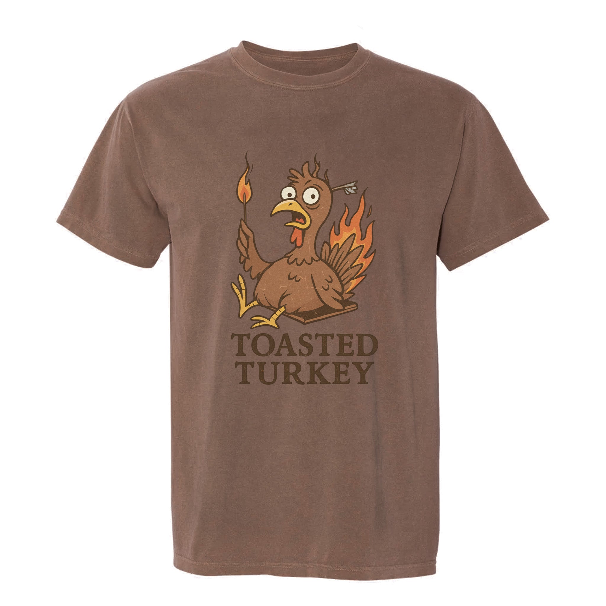 Brown Thanksgiving t-shirt with a cartoon turkey graphic and 'Toasted Turkey' text on a white background