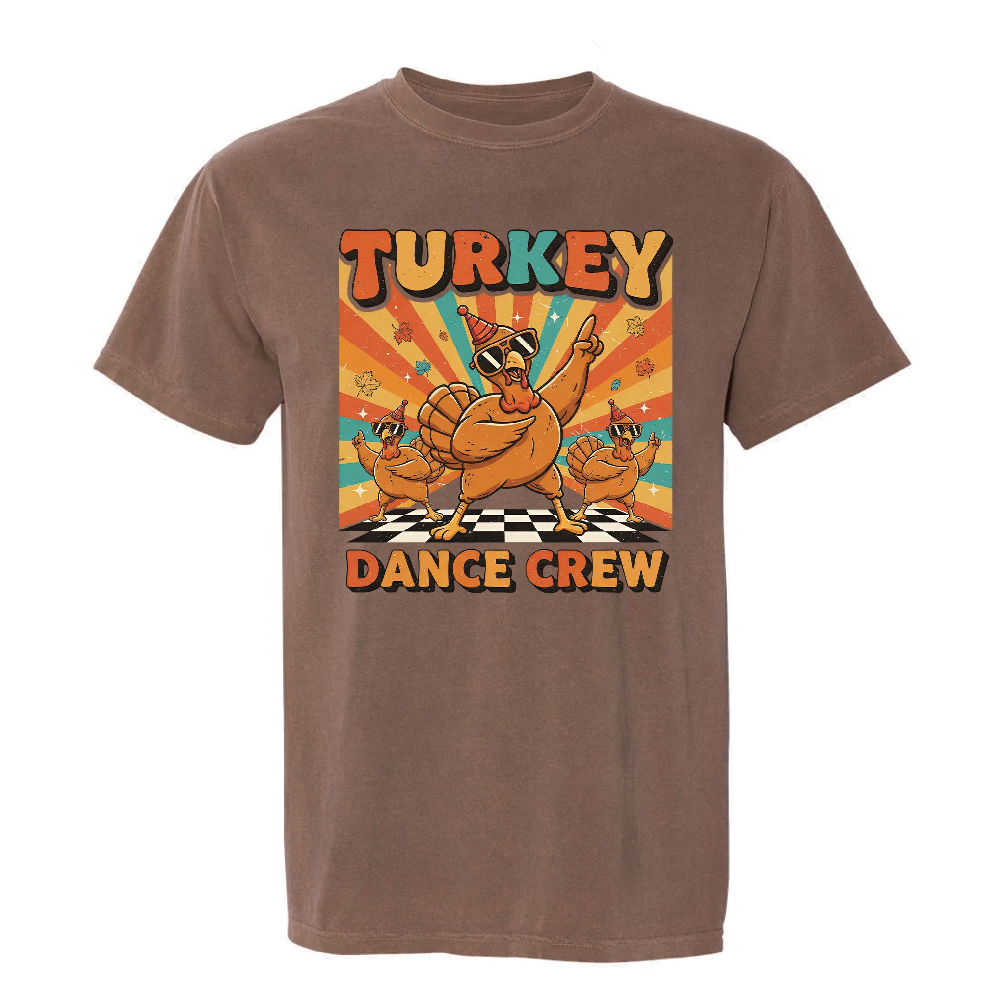 Brown Thanksgiving graphic t-shirt with a 'Turkey Dance Crew' graphic design on a white background