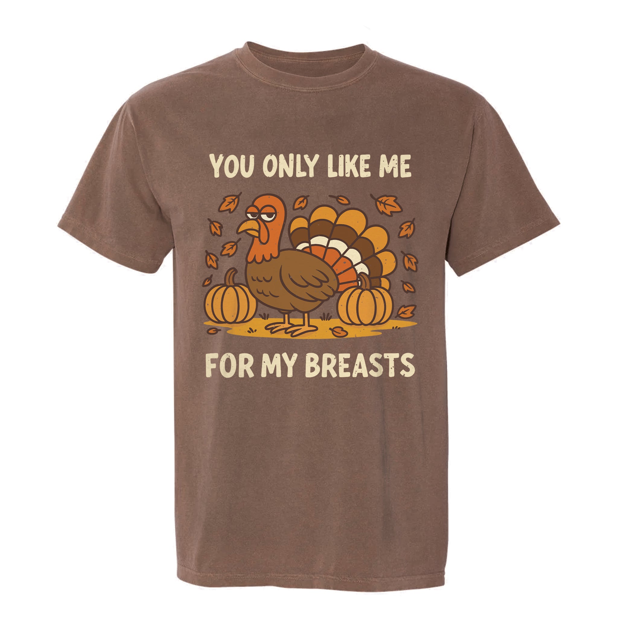 Brown Thanksgiving t-shirt with a turkey graphic and text 'You only like me for my breasts'