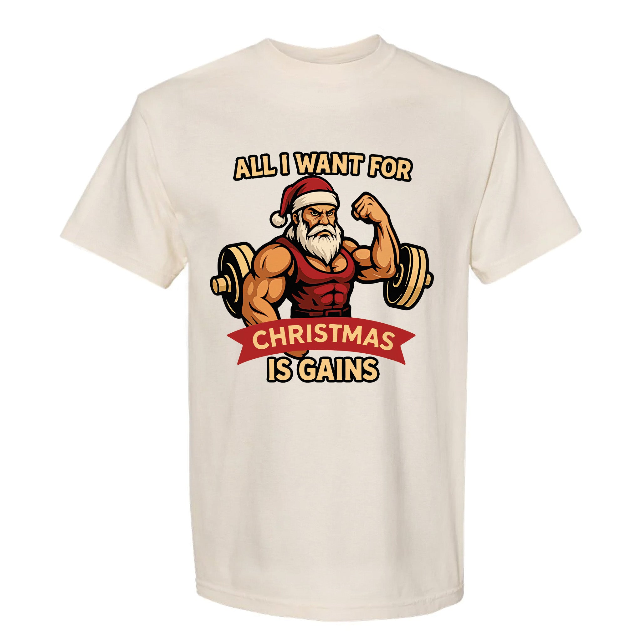 Christmas graphic t-shirt with text 'All I Want For Christmas Is Gains'