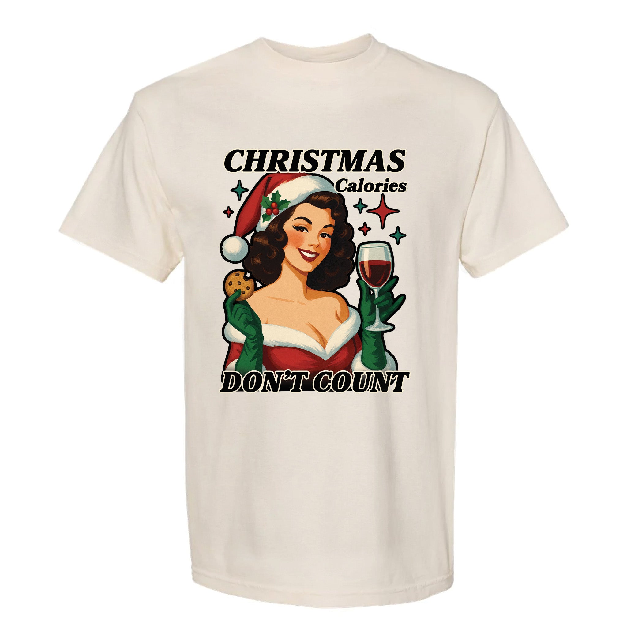 Beige Christmas graphic t-shirt with text 'Christmas Calories, Don't Count'