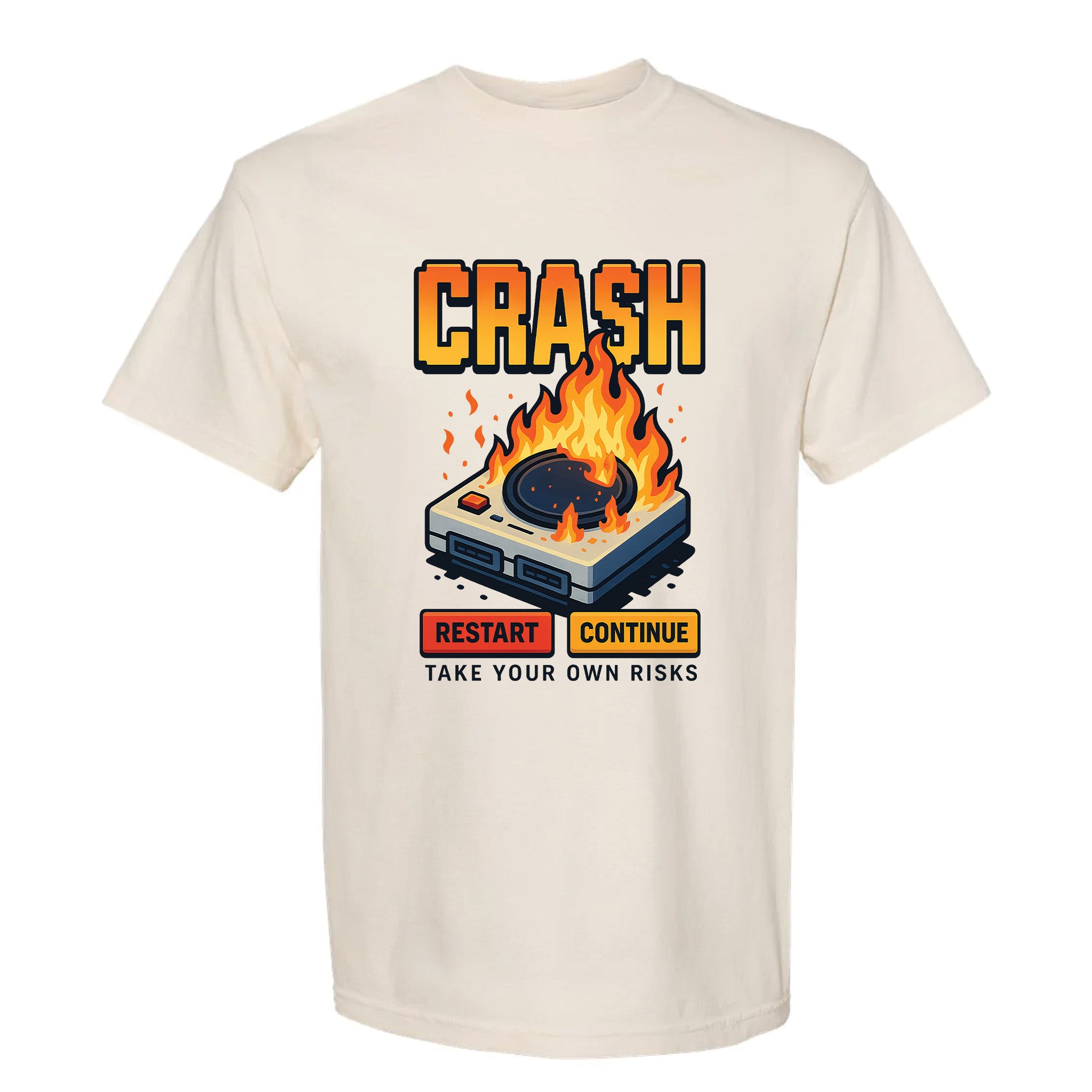 Beige funny graphic t-shirt with a flaming game console illustration and the text 'Crash Restart Continue Take Your Own Risks'.