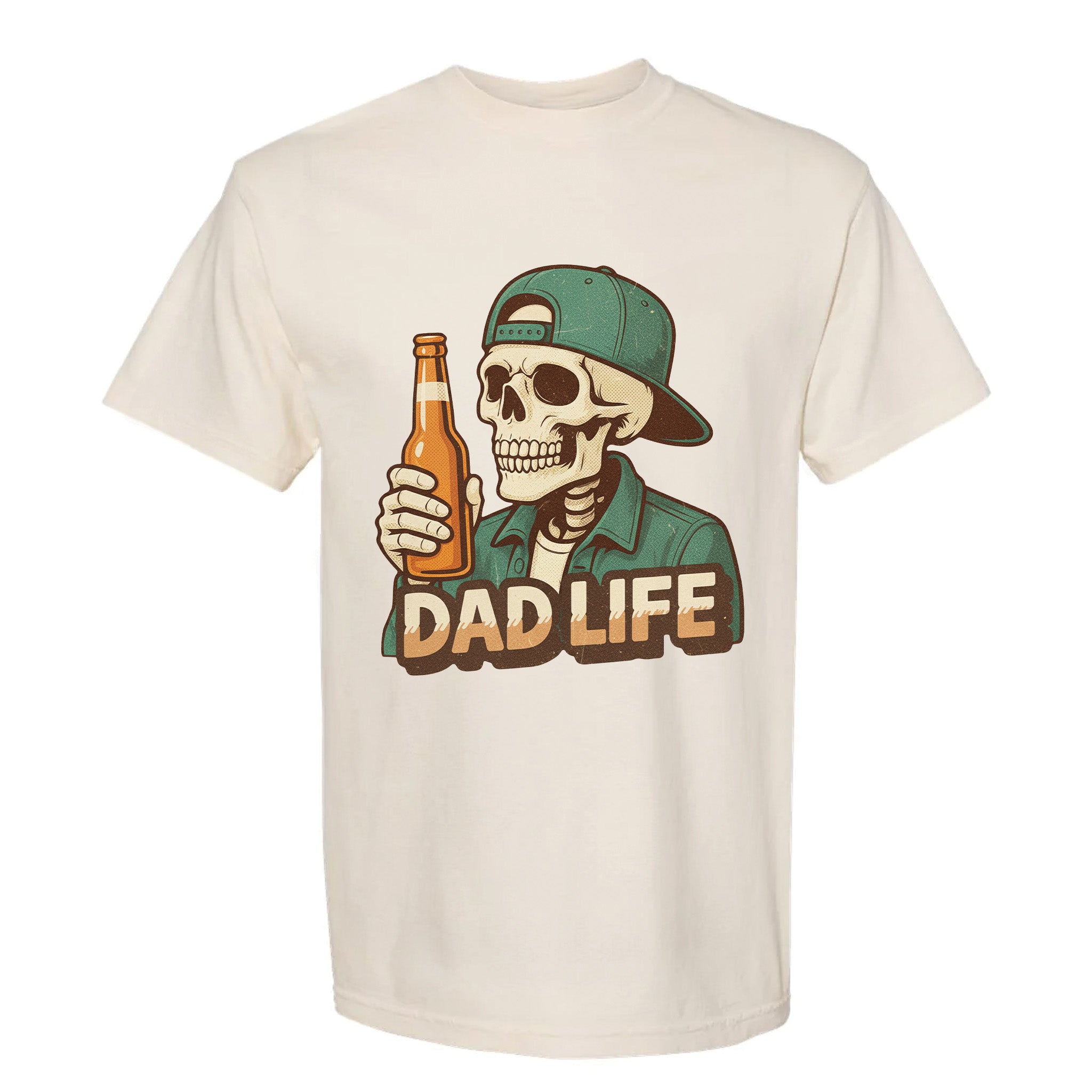 Beige funny graphic t-shirt with a graphic of a skeleton wearing a cap and holding a beer bottle, labeled "Dad Life".
