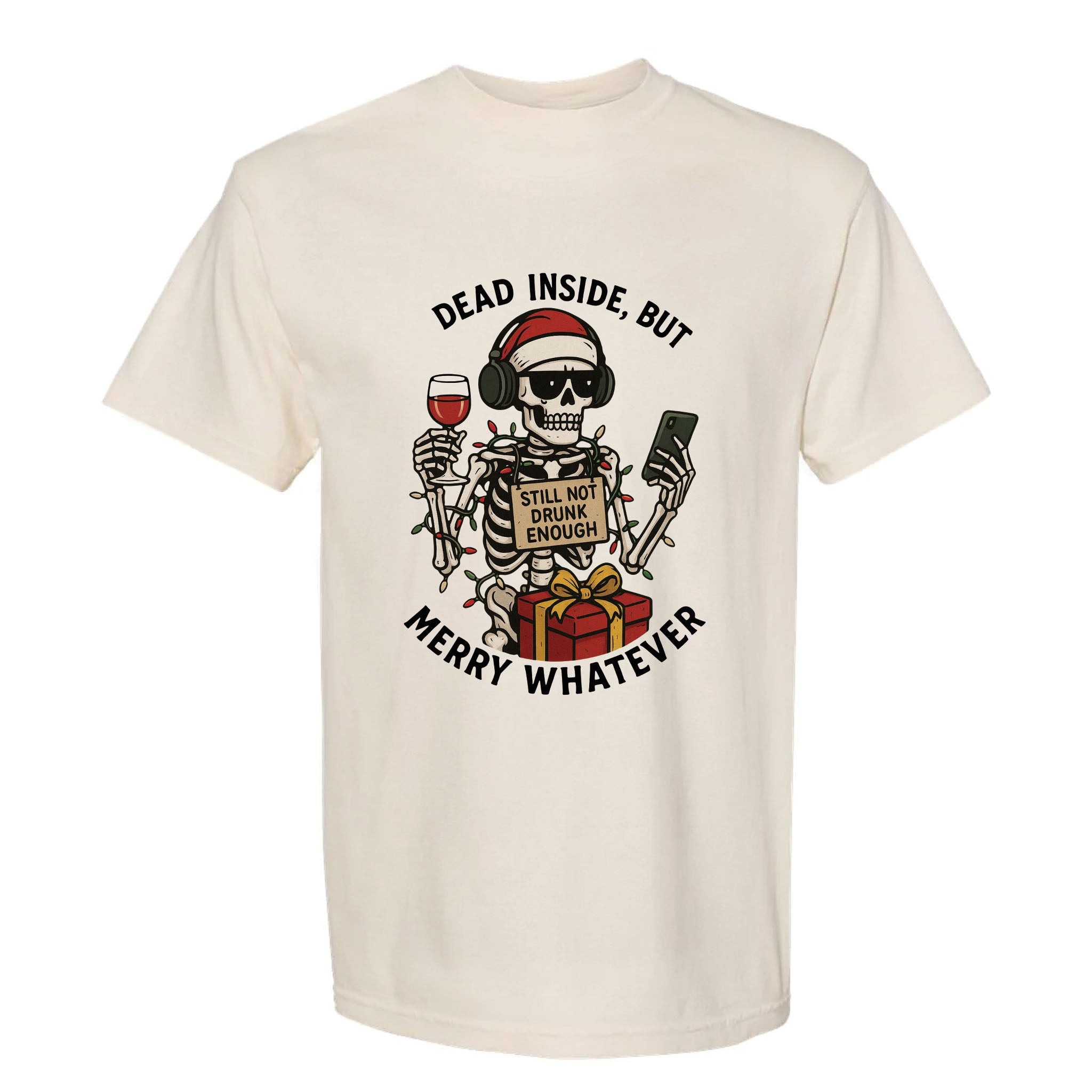 Beige Christmas graphic with text 'Dead inside, But Merry Whatever'